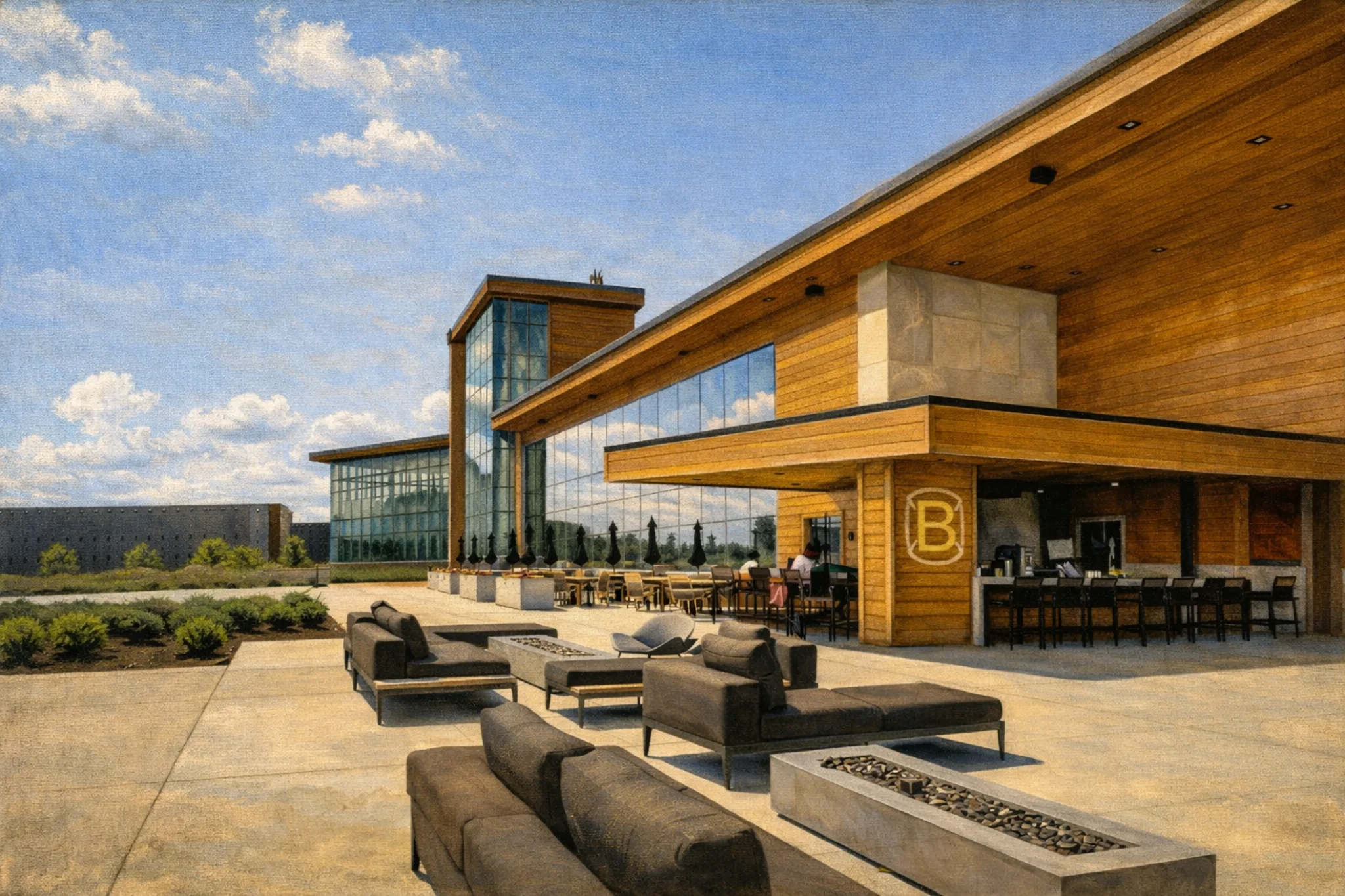 Outdoor patio seating and restaurant area at Bardstown Bourbon Company on a clear day.