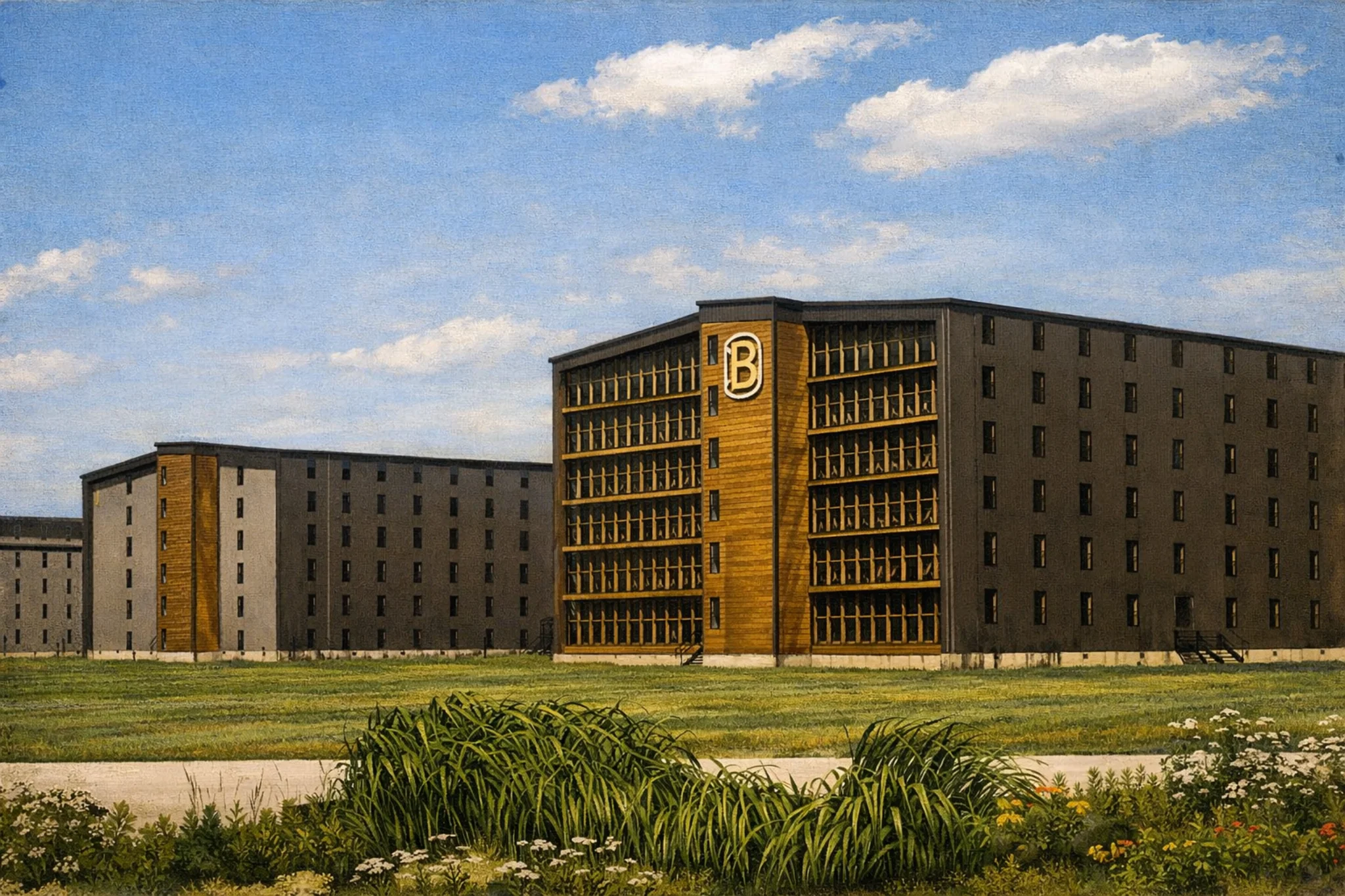 Modern Rickhouses featuring a glass façade at Bardstown Bourbon Company where bourbon barrels are aged on the distillery campus.