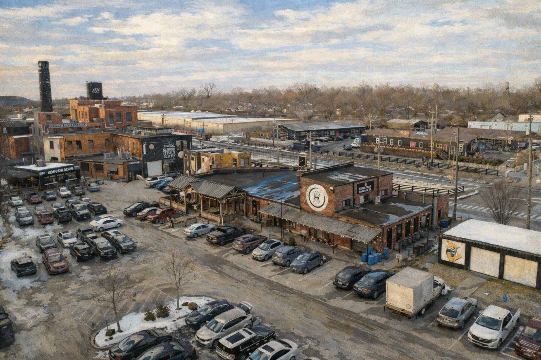 Aerial view of Barrel House Distilling Co complex showing brick buildings, parking area, and surrounding Lexington Distillery District.