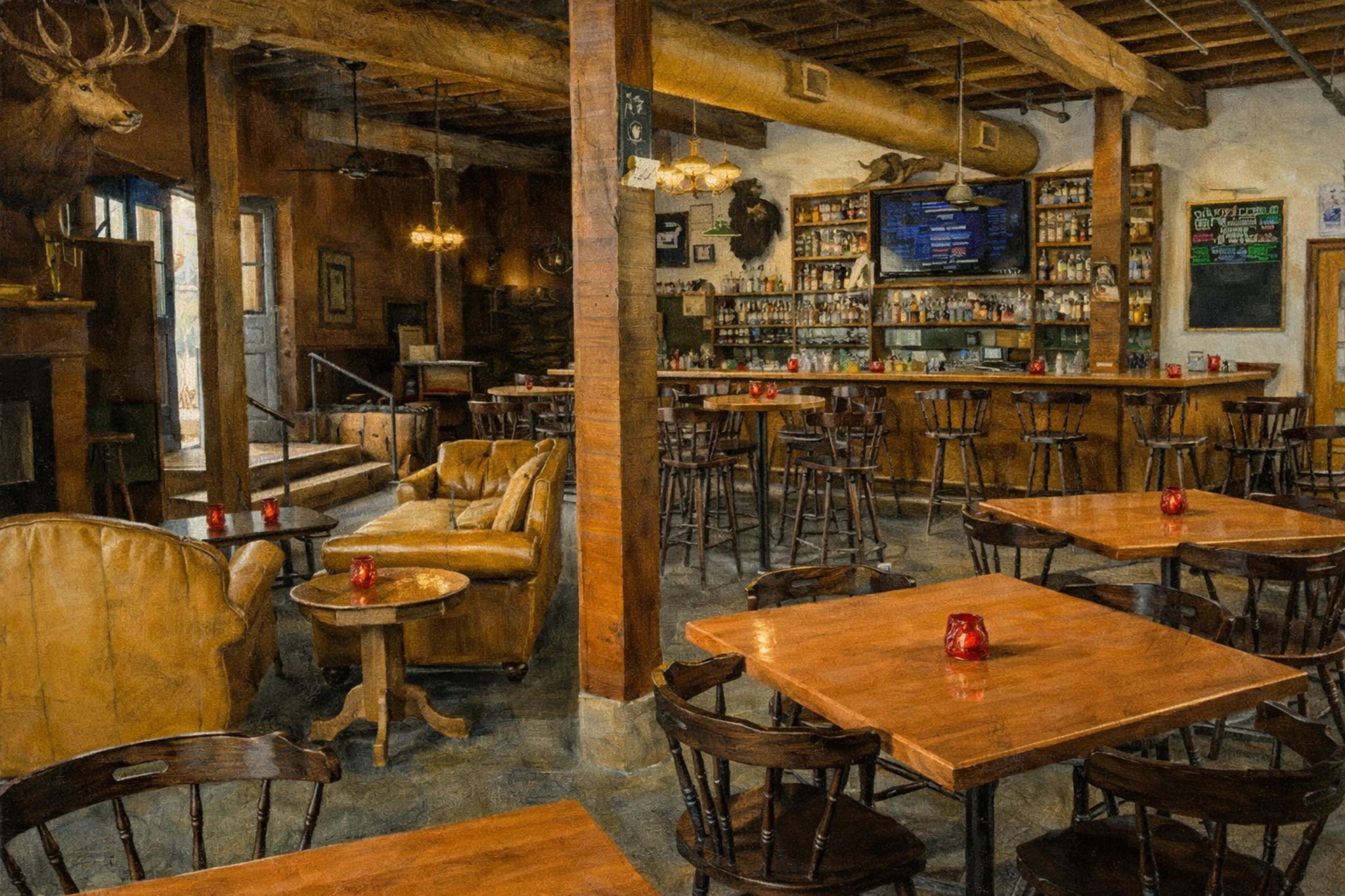 Interior of Barrel House Distilling Co dining area and taproom featuring wooden tables, leather seating, and a full bar with whiskey bottles.