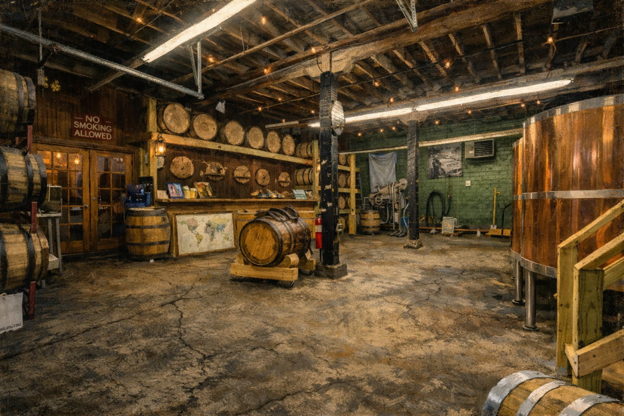 Interior production room at Barrel House Distilling Co with wooden barrels, copper fermentation tanks, and rustic wood-beam ceilings.