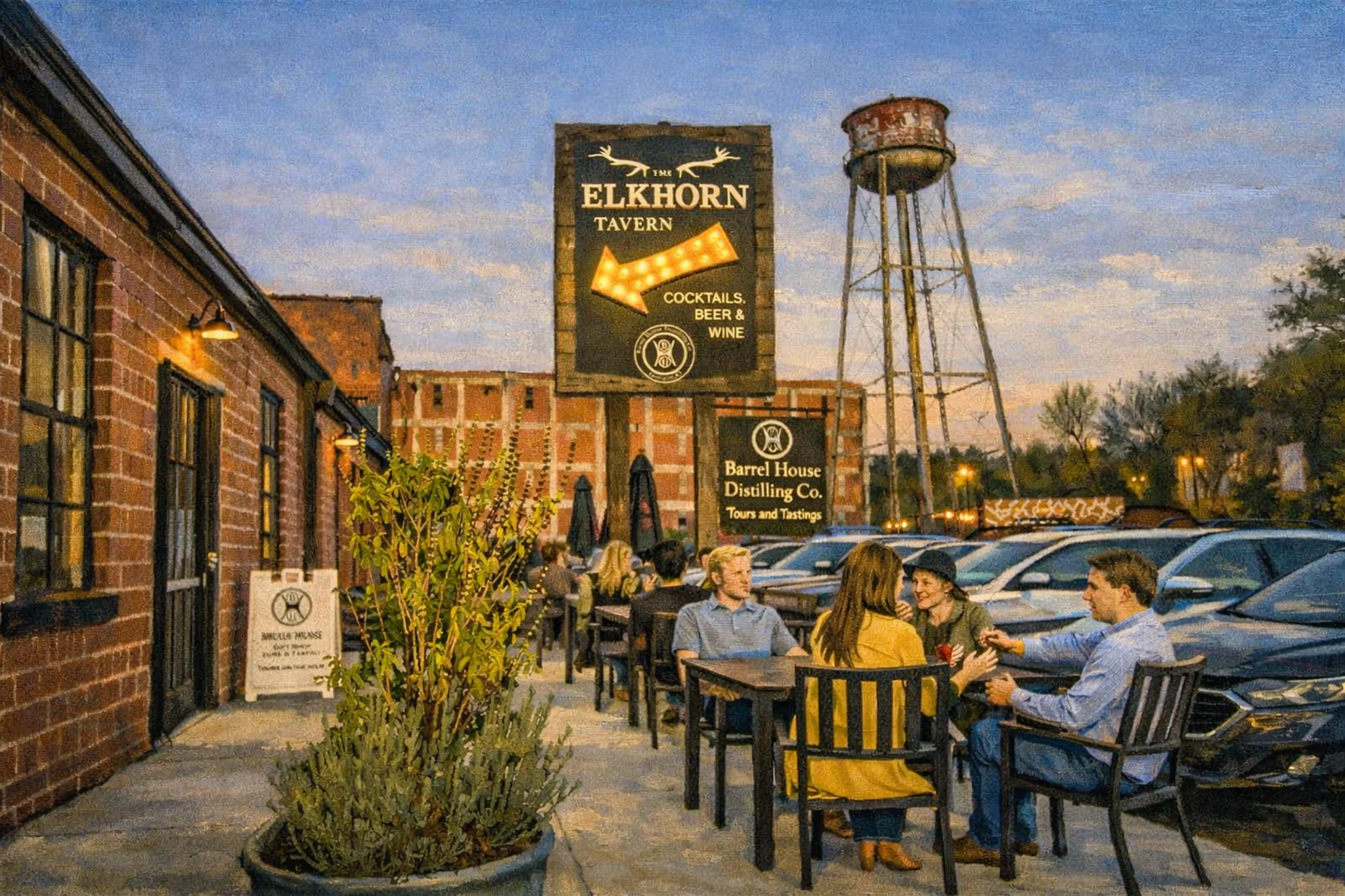 Guests seated outdoors at Barrel House Distilling Co near The Elkhorn Tavern sign with a historic water tower in the background.
