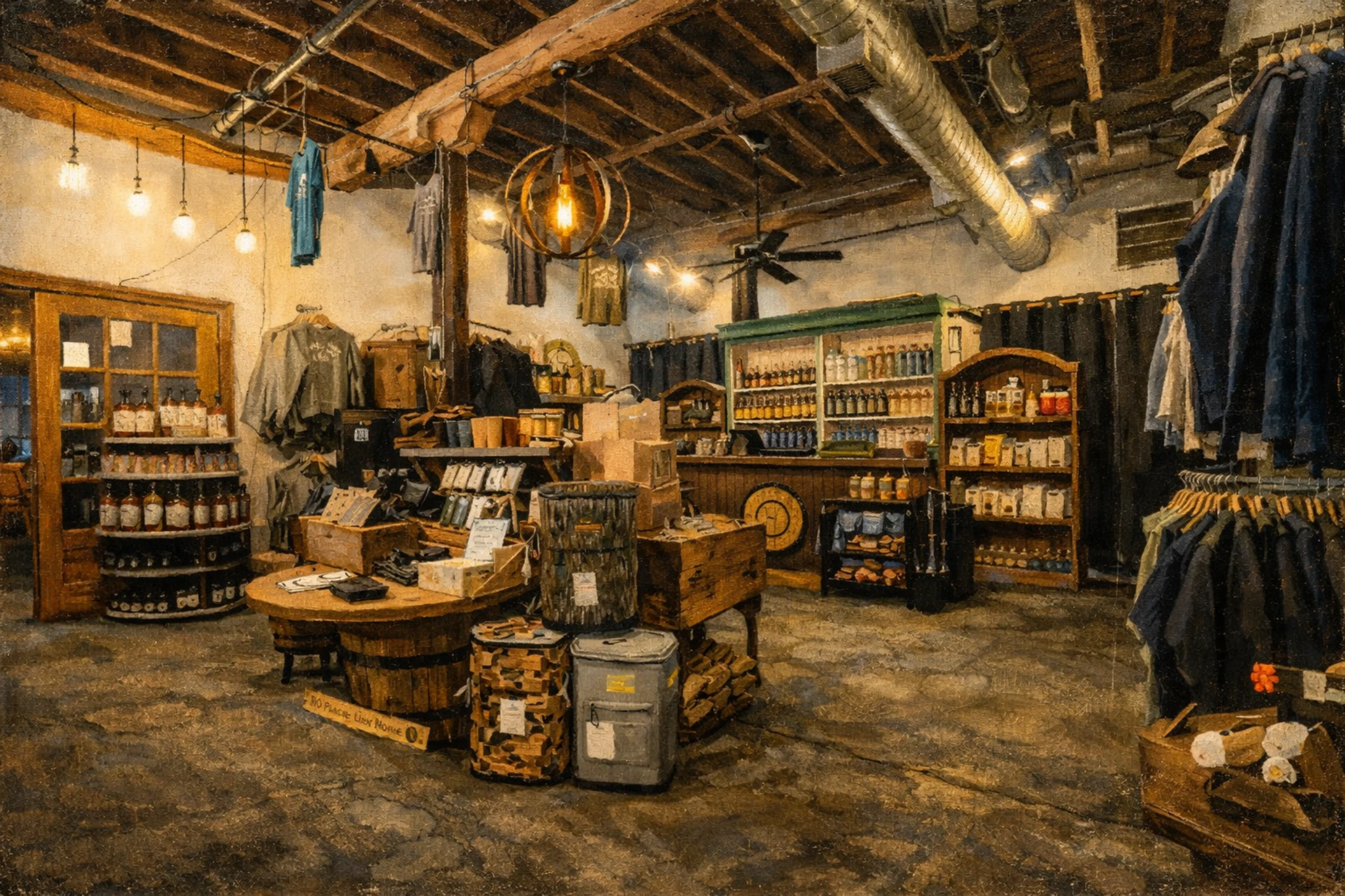 Gift shop interior at Barrel House Distilling Co featuring bourbon bottles, branded merchandise, wooden displays, and warm industrial lighting.