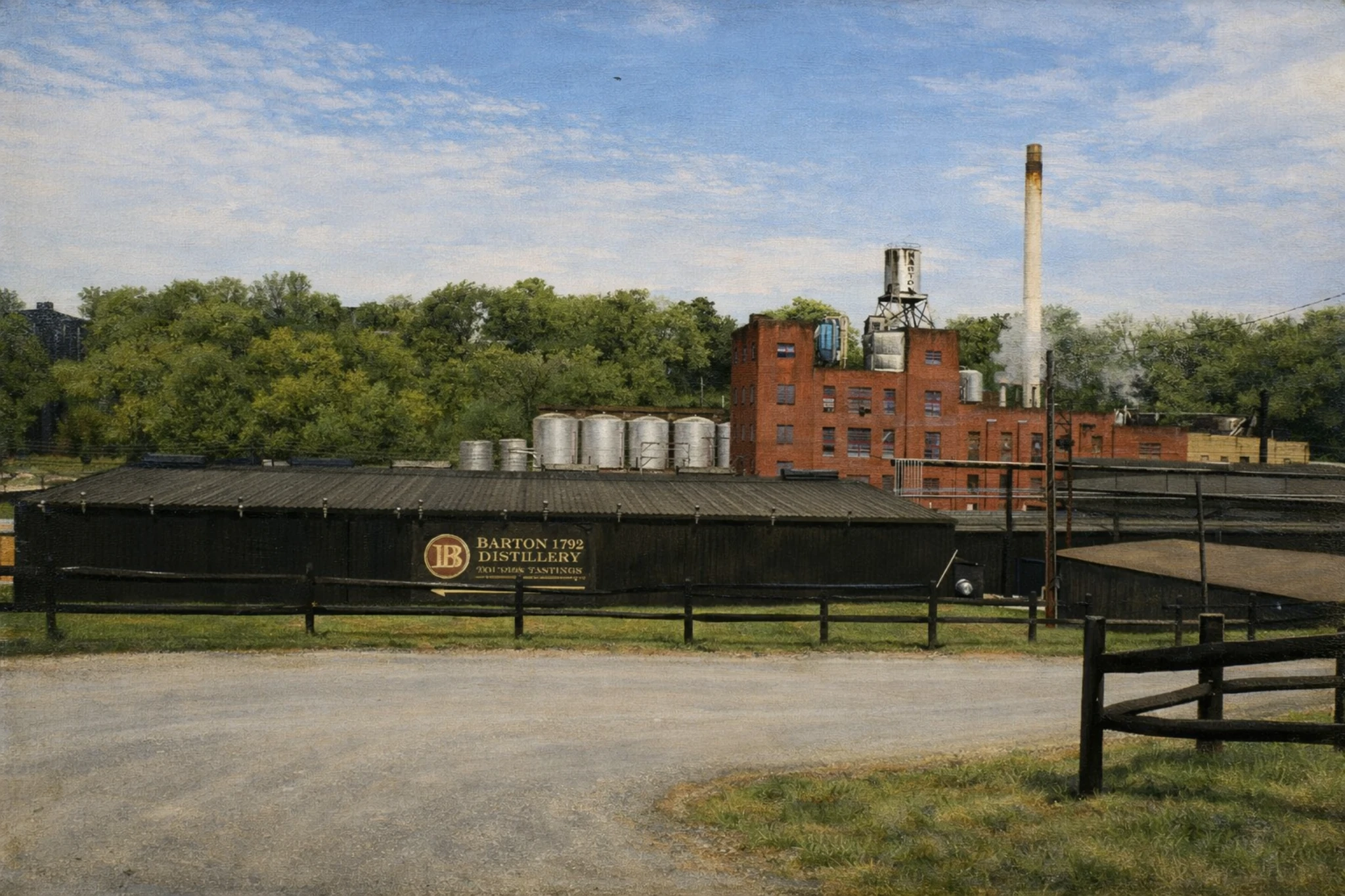 Exterior view of Barton 1792 Distillery in Bardstown, Kentucky featuring historic brick buildings, aging facilities, and distillery infrastructure.
