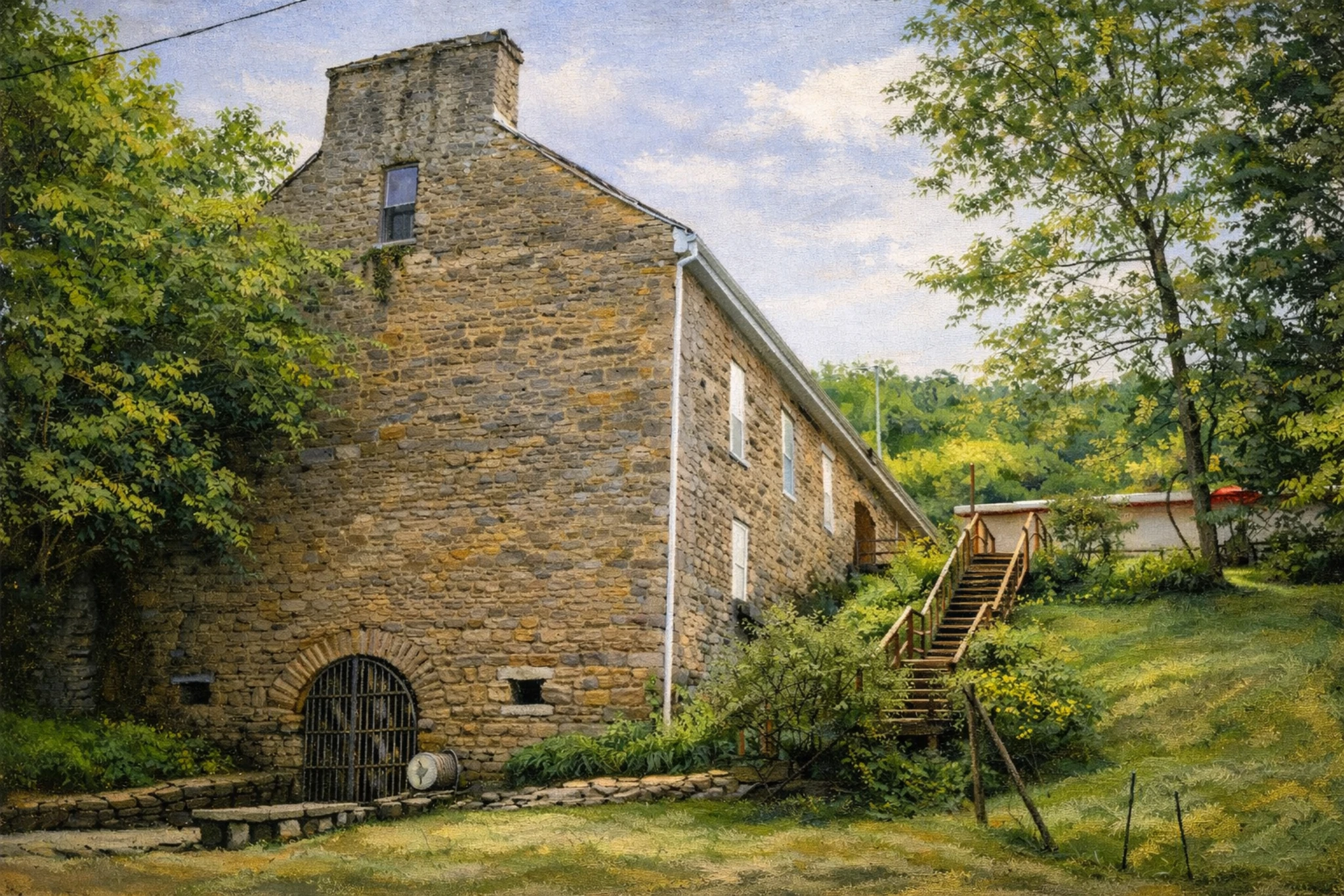 Historic stone building at Becker & Bird Distillery in Augusta, Kentucky surrounded by trees and hillside walkways.