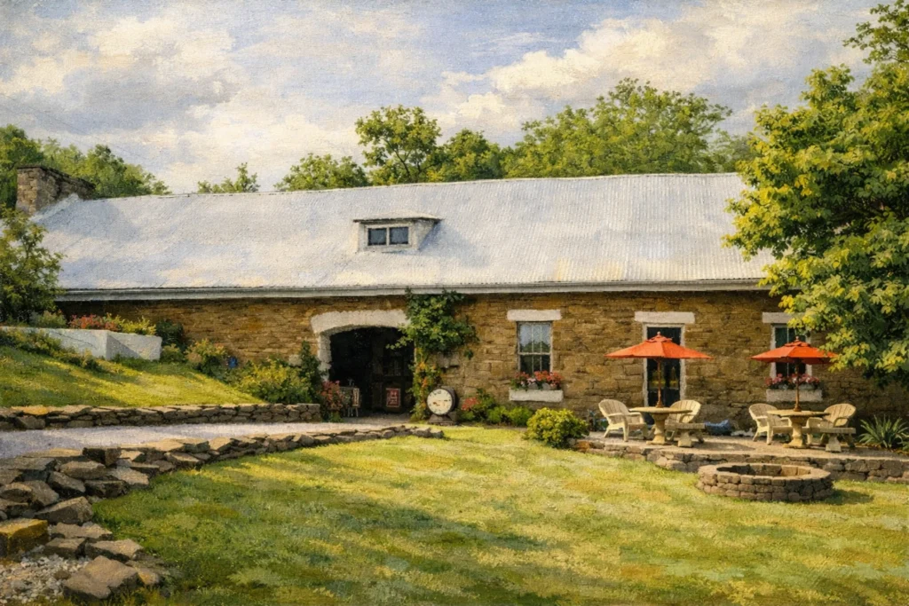 Exterior view of the front entrance at Becker & Bird Distillery in Augusta, Kentucky featuring a historic stone building, lawn seating, and outdoor patio areas.
