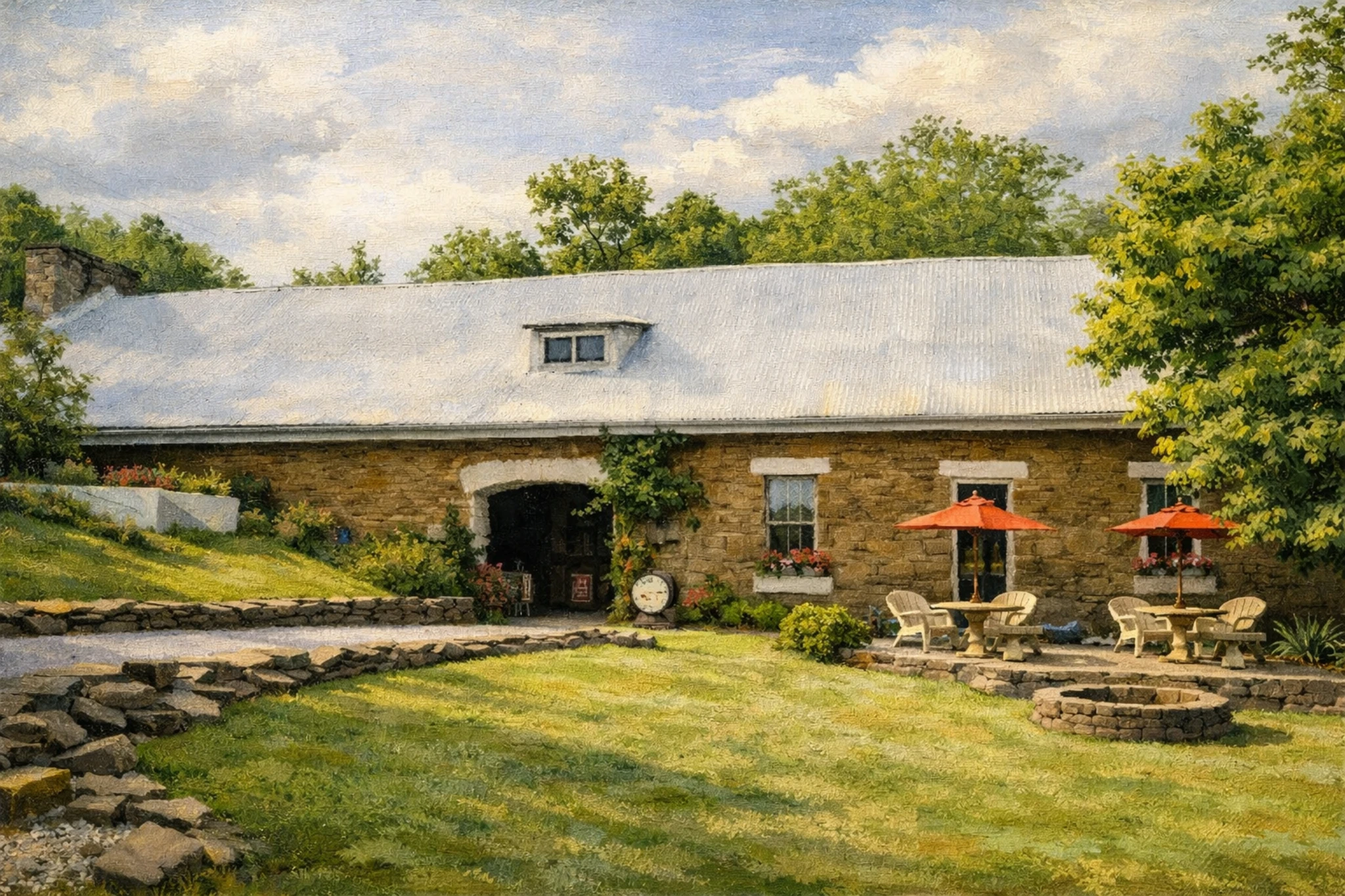 Exterior view of the front entrance at Becker & Bird Distillery in Augusta, Kentucky featuring a historic stone building, lawn seating, and outdoor patio areas.