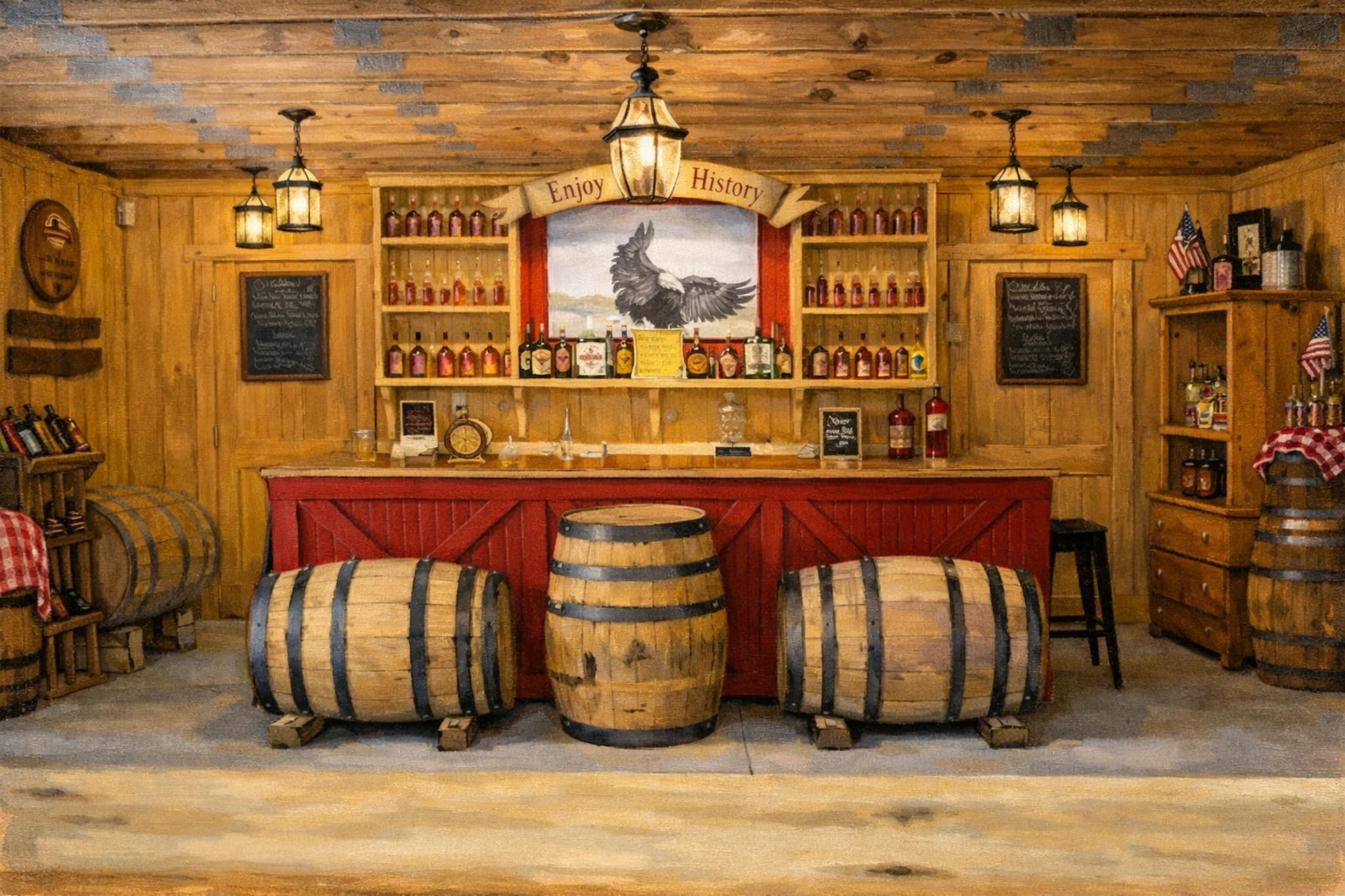 Interior tasting room at Becker & Bird Distillery in Augusta, Kentucky with a wooden bar, barrel displays, and bottled spirits.