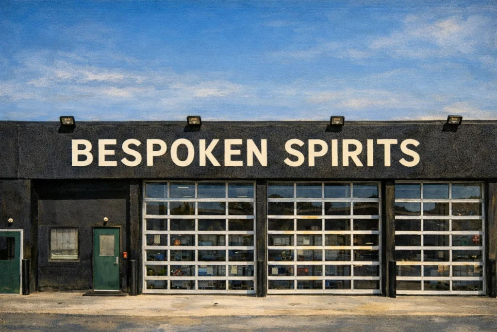 Exterior of Bespoken Spirits featuring bold signage across the front of the distillery building.