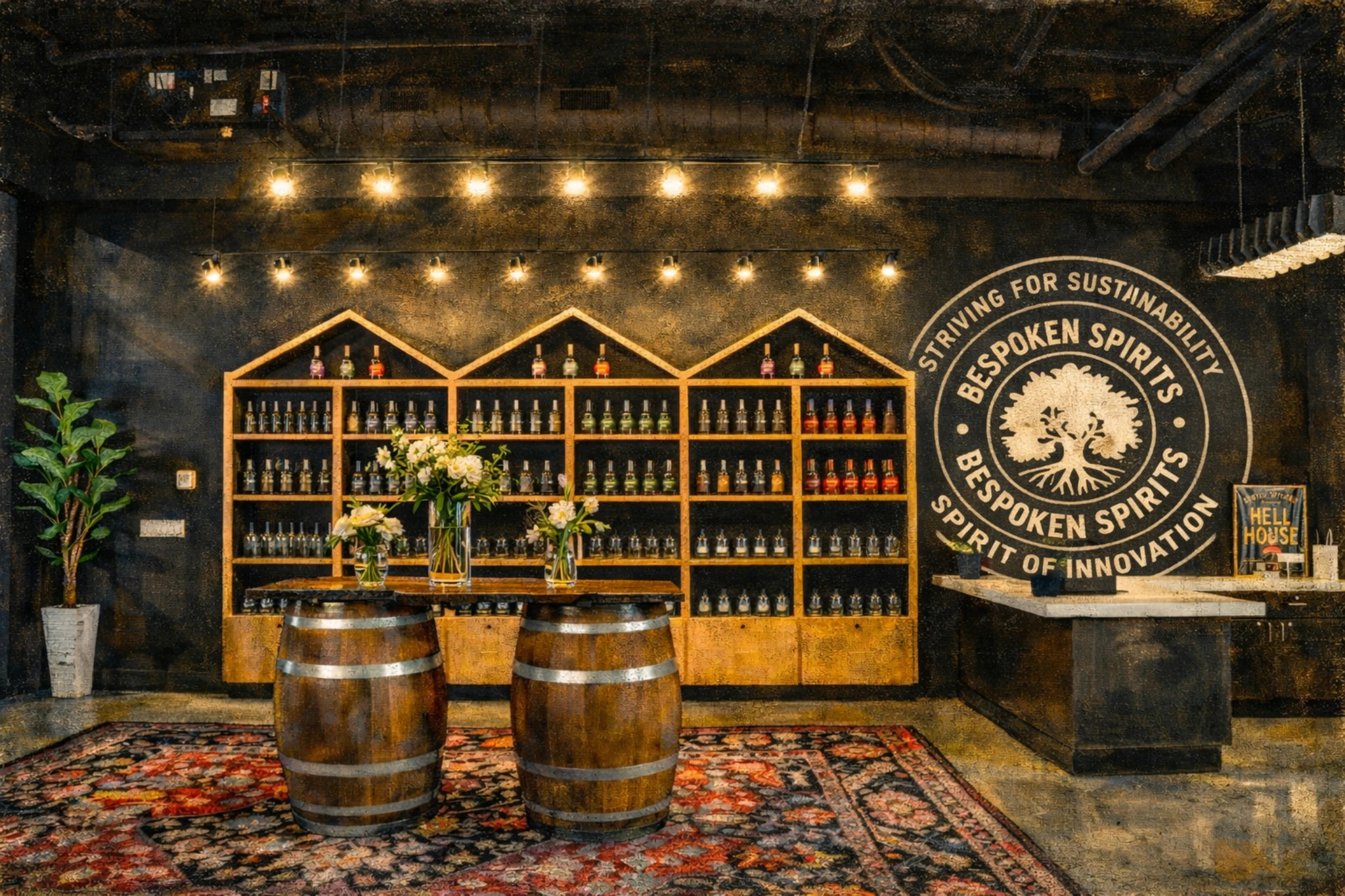 Barrel display and retail shelving area inside the Bespoken Spirits Gift Shop.