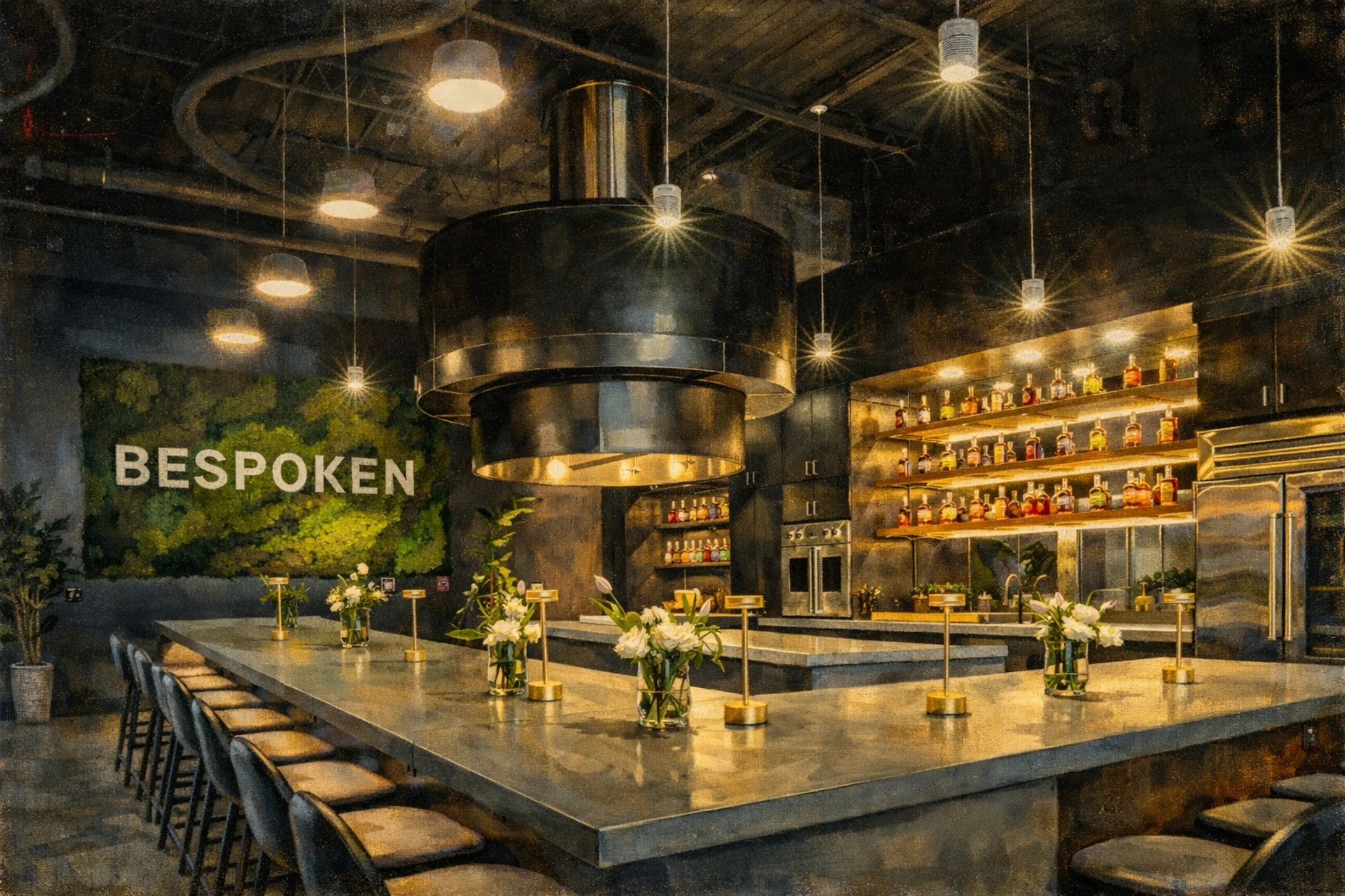 Modern tasting room interior at Bespoken Spirits featuring a large central counter and bottle displays.
