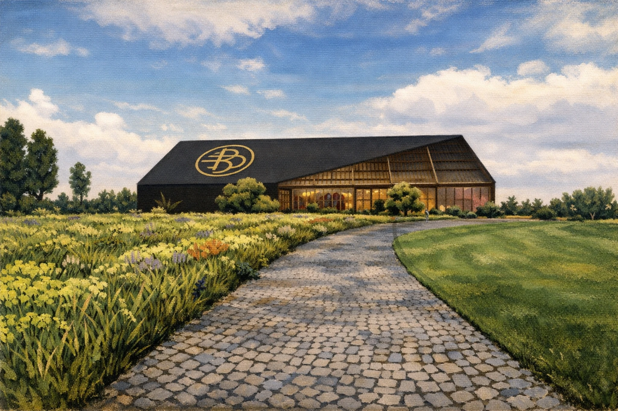 Rendering of the proposed new Blackwood Distilling Co. facility showing a modern distillery building.