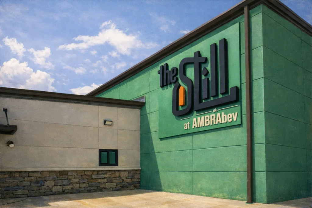 Exterior view of Blue Rook Distillery building with modern signage and green facade under a blue sky.