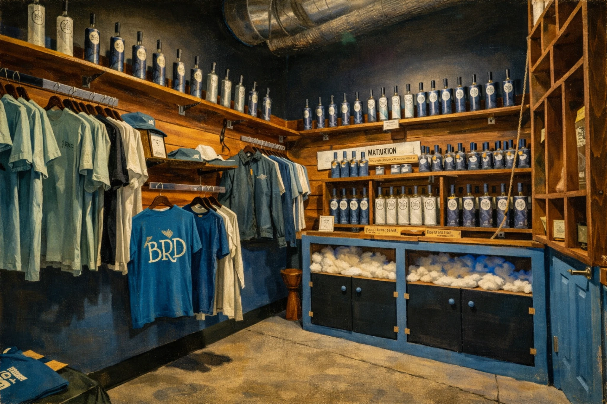 Gift Shop inside Blue Rook Distillery featuring shelves of bottled spirits and branded apparel.