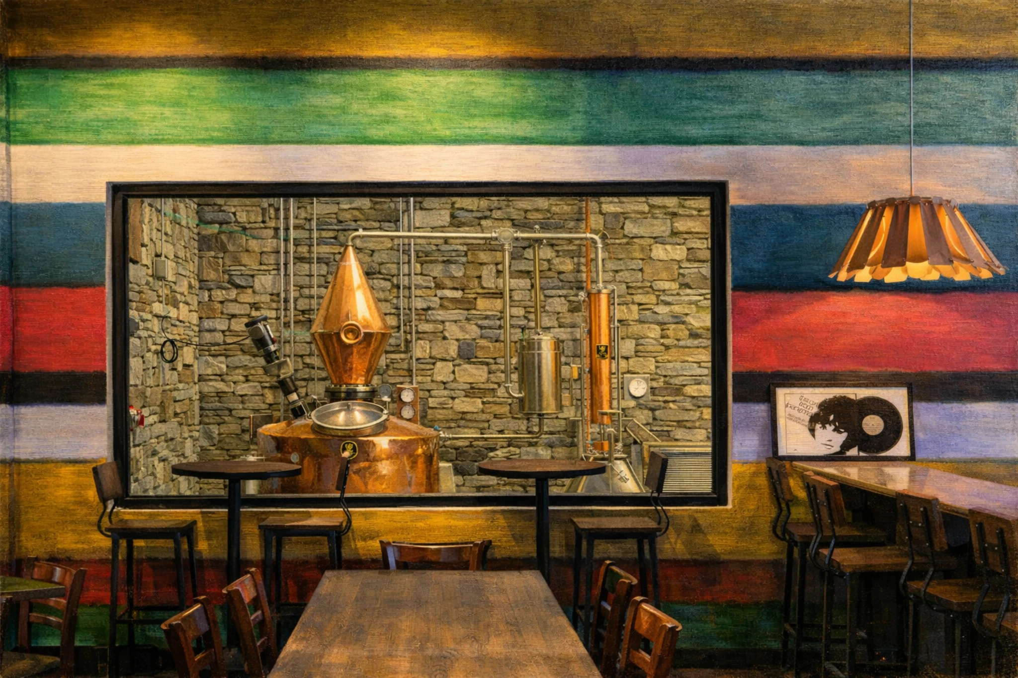 Copper still visible through a large interior window at Blue Rook Distillery, viewed from the tasting and seating area.