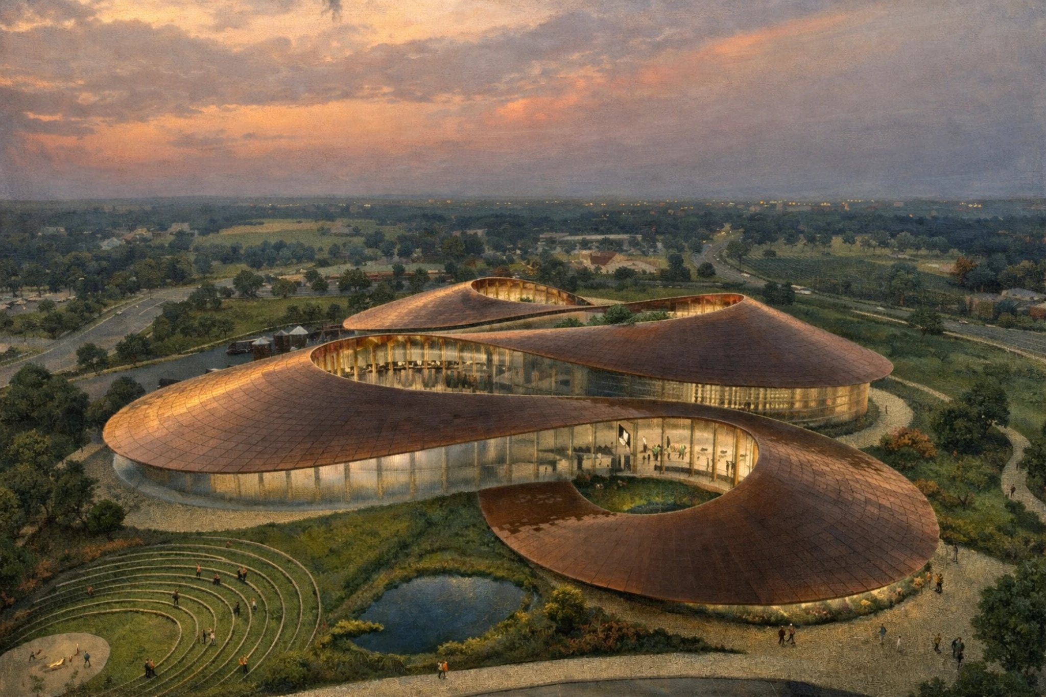 Architectural rendering of the Blue Run Spirits Distillery concept building featuring a modern, curved design and landscaped grounds.