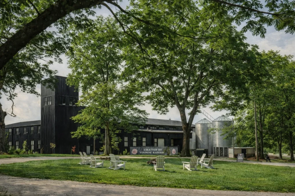 Exterior view of Bluegrass Distillers at Elkwood Farms featuring modern distillery buildings surrounded by trees and outdoor seating on the lawn.