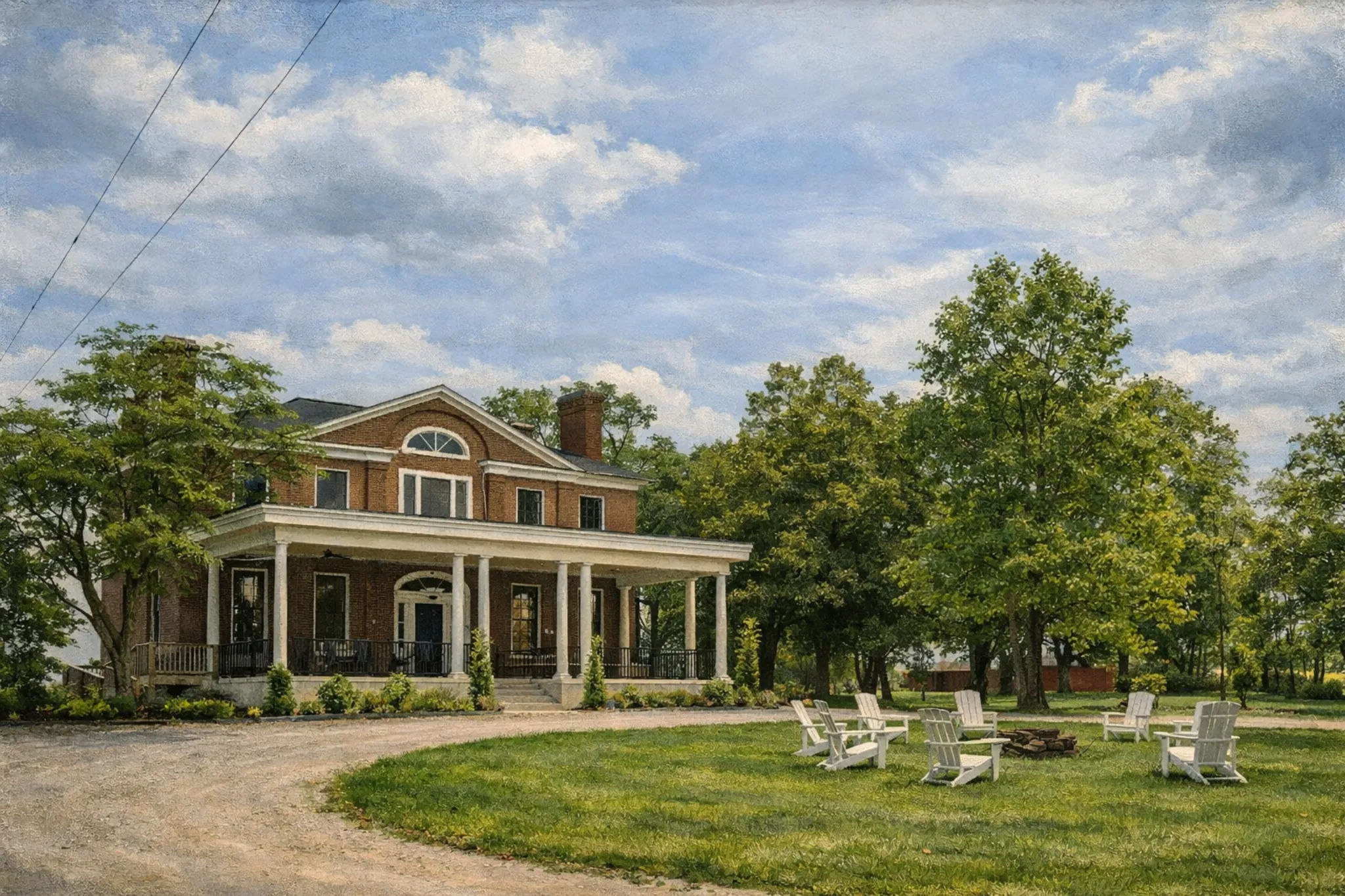 Historic Elkwood Farms house at Bluegrass Distillers with wraparound porch, landscaped lawn, and outdoor seating area.