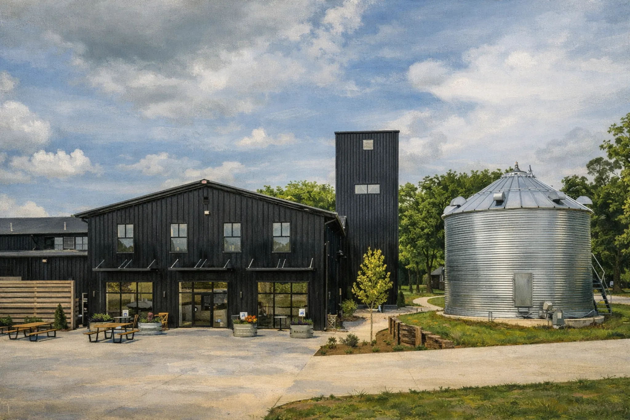 Bluegrass Distillers at Elkwood Farms modern black distillery building with large windows, outdoor patio seating, and adjacent grain silo.