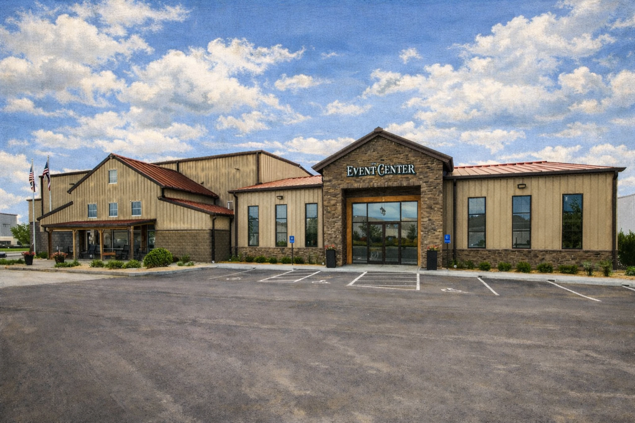 Exterior view of Boone County Distilling’s event center building with stone and metal façade, main entrance, and parking area in front.