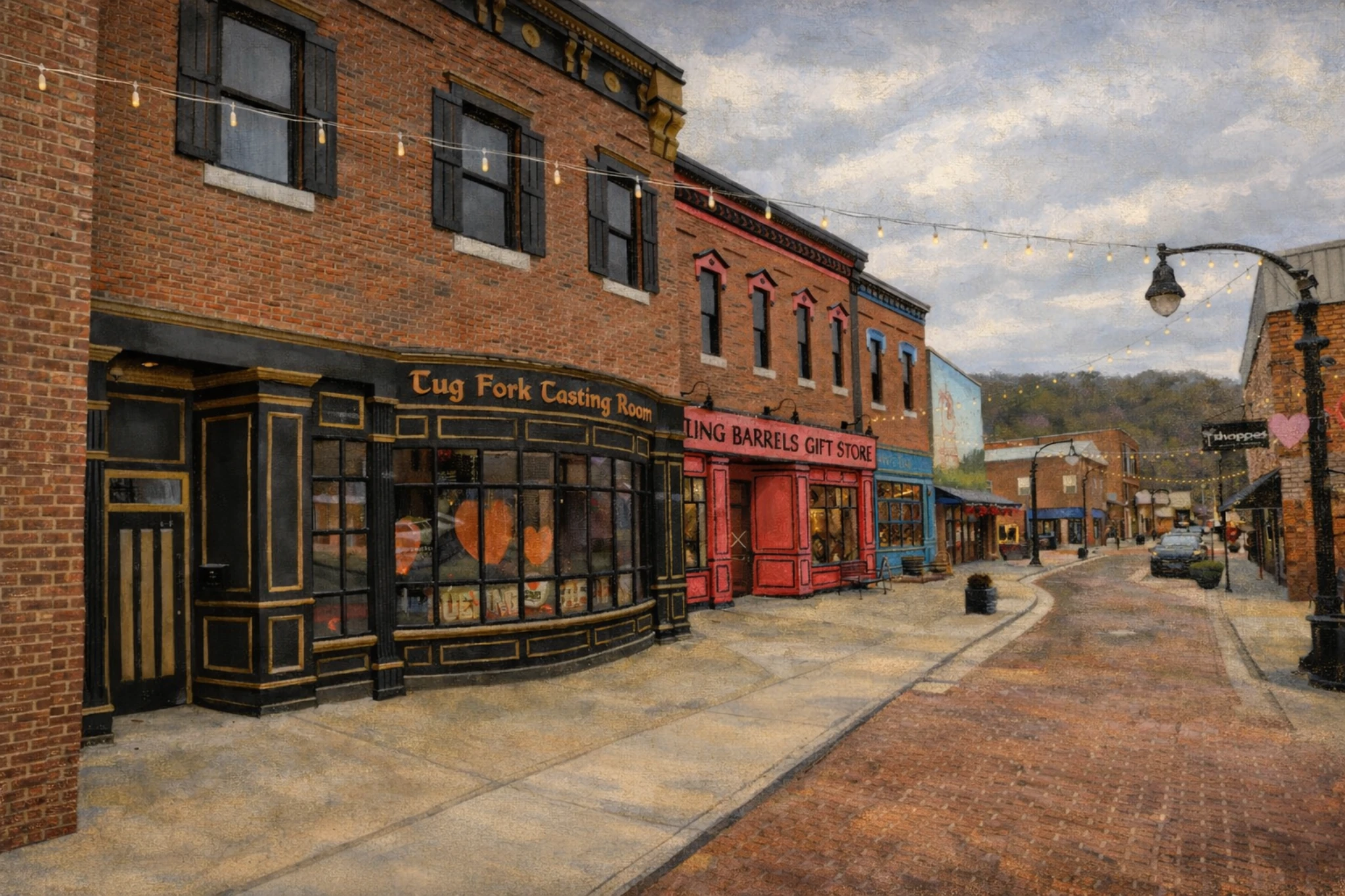 Exterior view of Brothers Wright Distilling Co’s Tug Fork Tasting Room, gift shop, and restaurant along 2nd Street in downtown Pikeville, Kentucky.