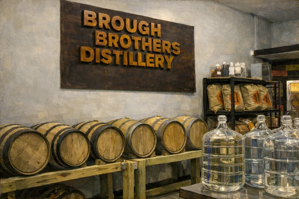 Interior of Brough Brothers Distillery showing aging bourbon barrels on wooden racks, glass carboys, and the Brough Brothers Distillery wall sign inside the production space.