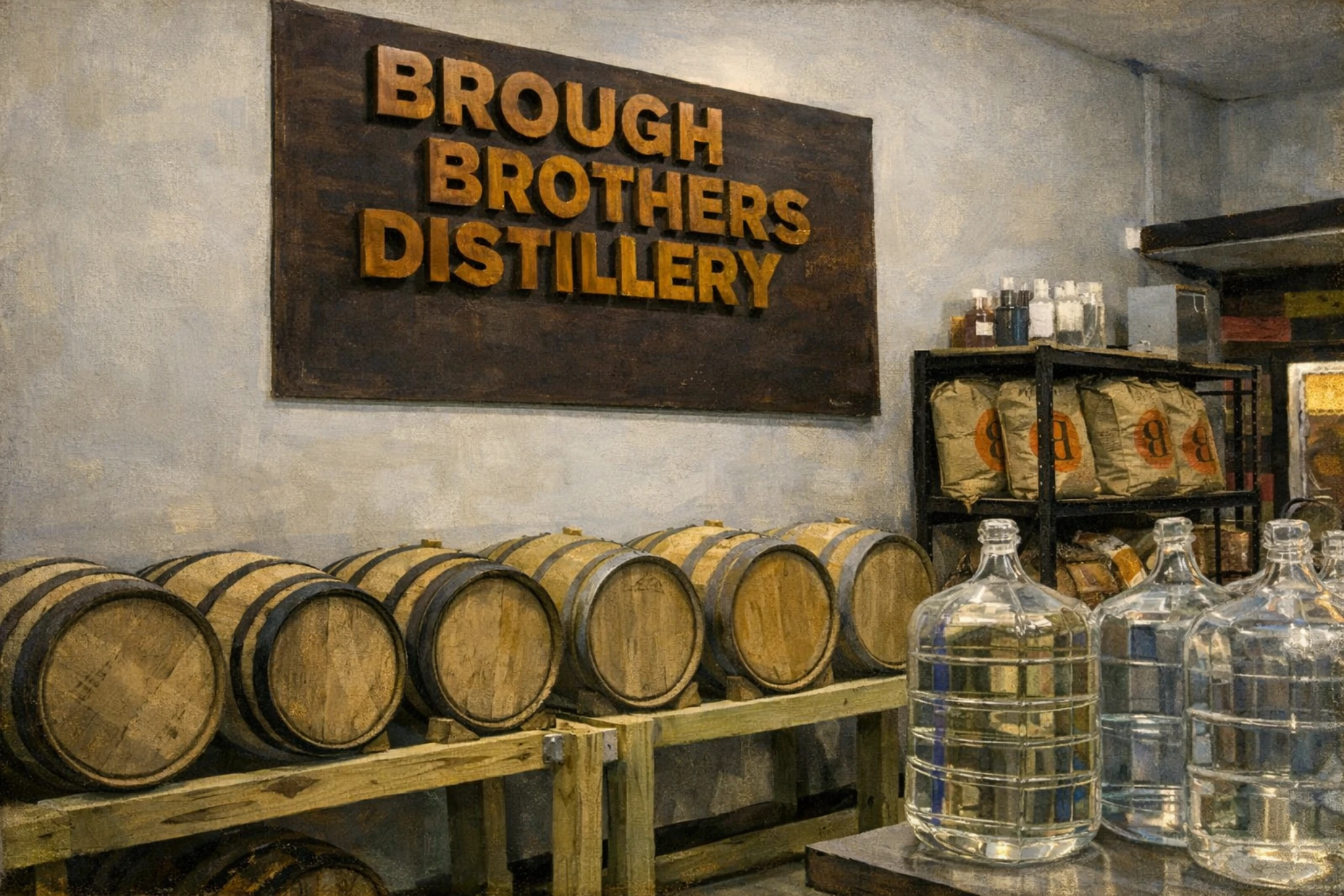 Interior of Brough Brothers Distillery showing aging bourbon barrels on wooden racks, glass carboys, and the Brough Brothers Distillery wall sign inside the production space.
