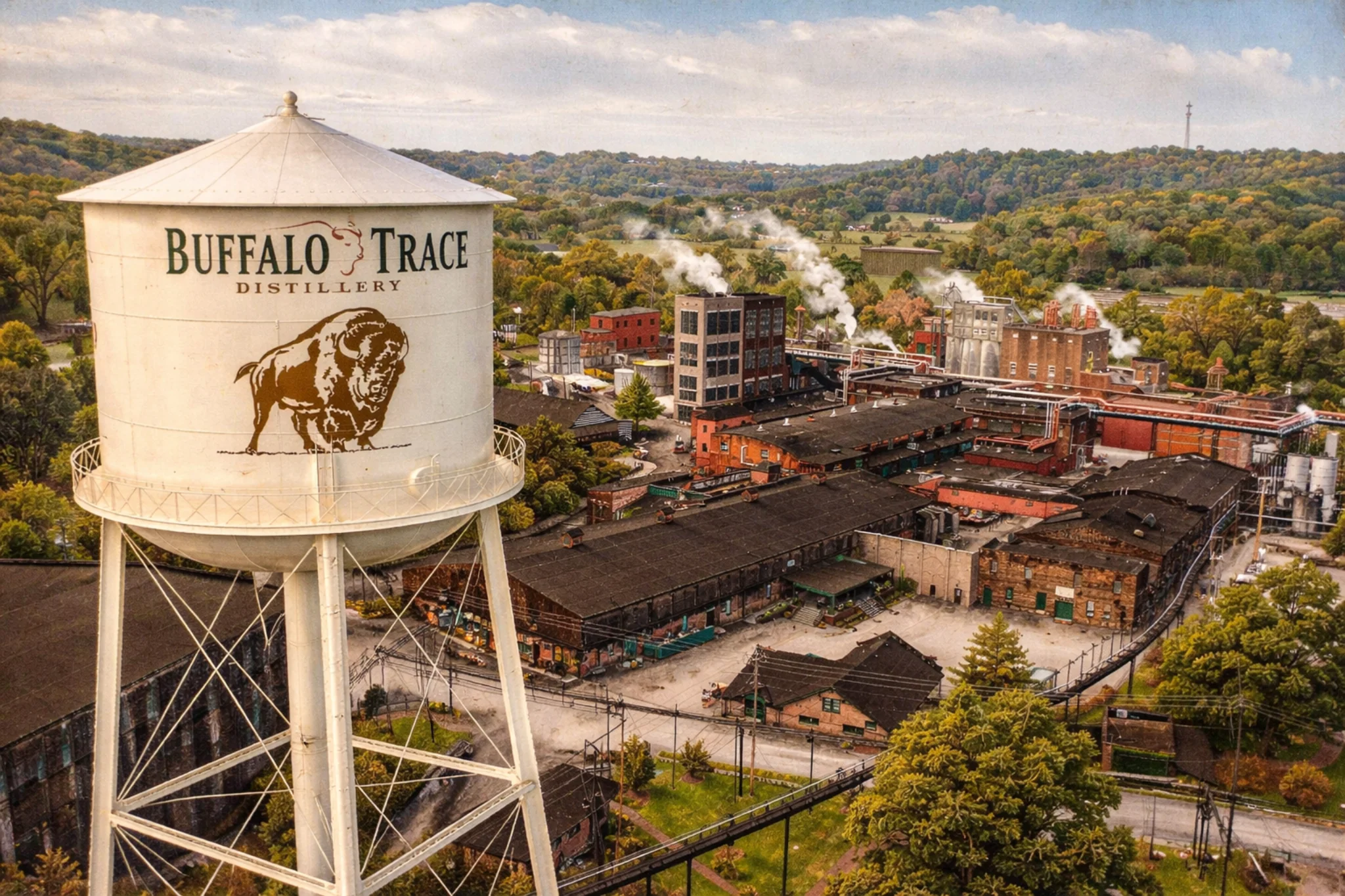 Aerial view of Buffalo Trace Distillery showing the water tower, historic buildings, and active distilling campus surrounded by rolling hills.