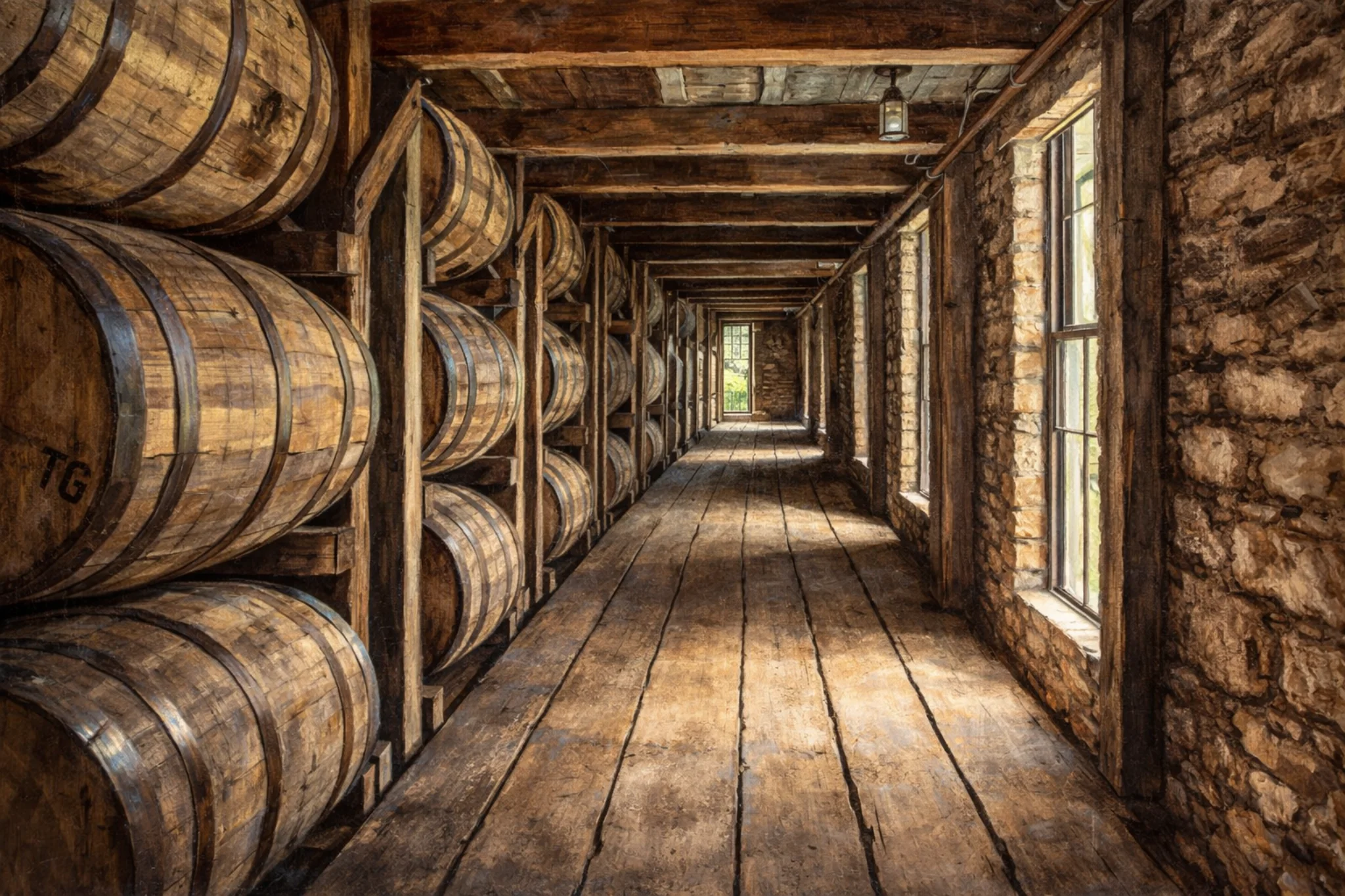 Interior rickhouse at Buffalo Trace Distillery with rows of aging bourbon barrels lining a wooden corridor.