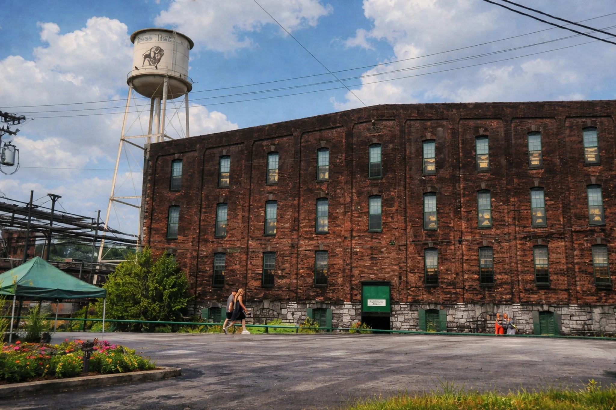 Historic brick rickhouse at Buffalo Trace Distillery with the original water tower visible above the distillery grounds.
