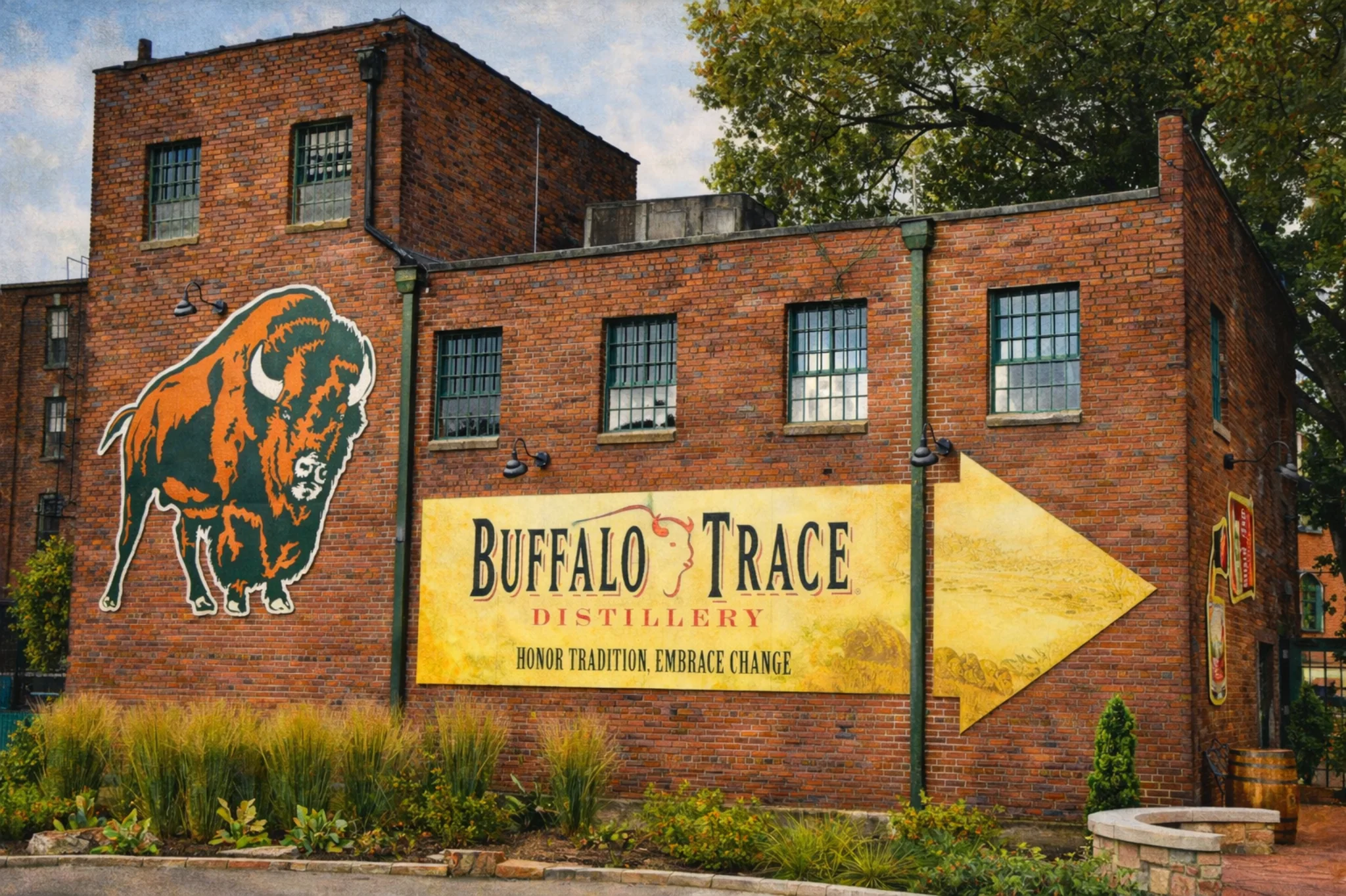 Brick building at Buffalo Trace Distillery featuring a large painted buffalo mural and a “Buffalo Trace Distillery” directional sign.