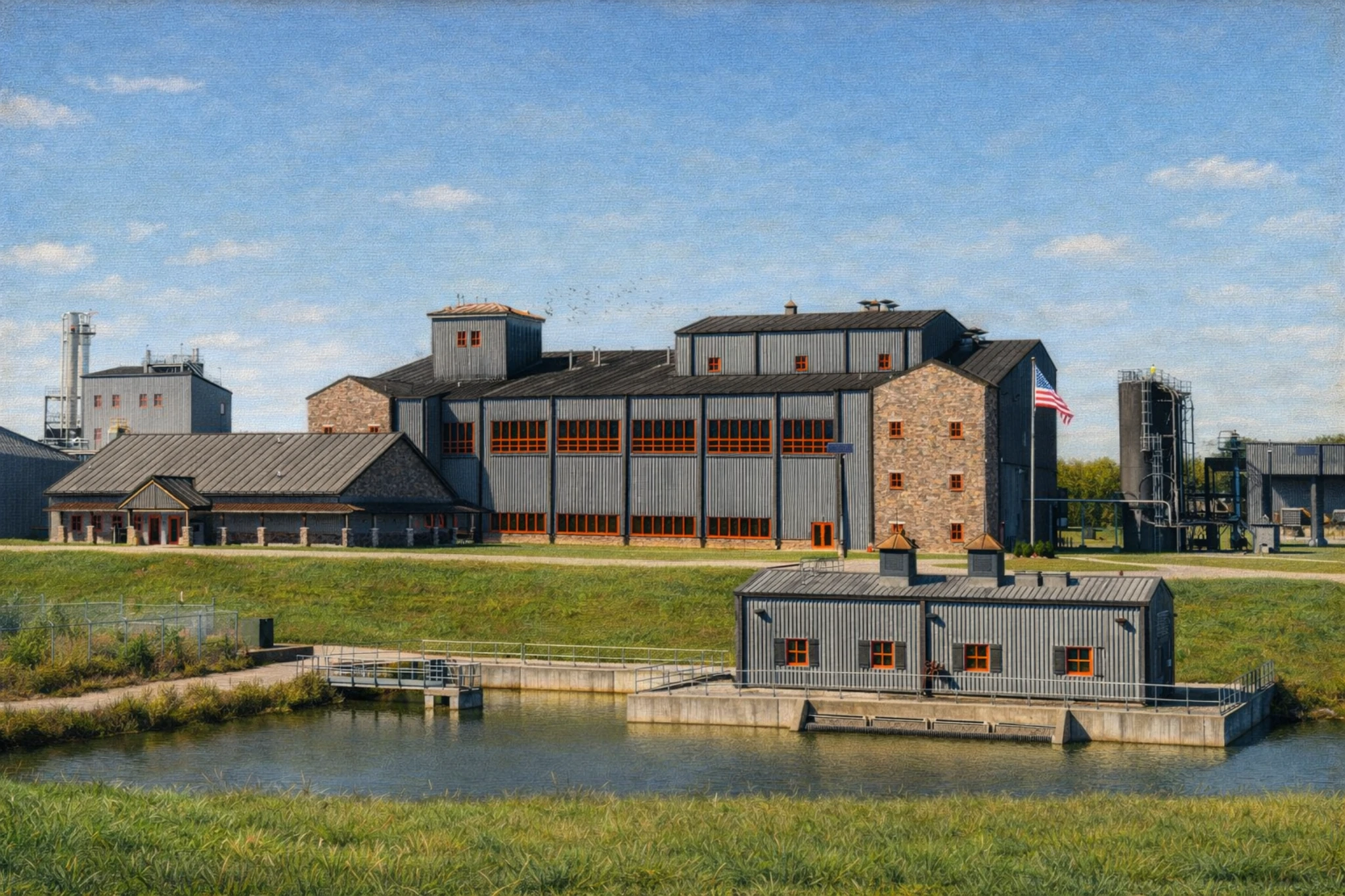 Wide view of the Bulleit Distilling Co distillery complex showing stone and metal buildings, orange window accents, and a water feature in the foreground.