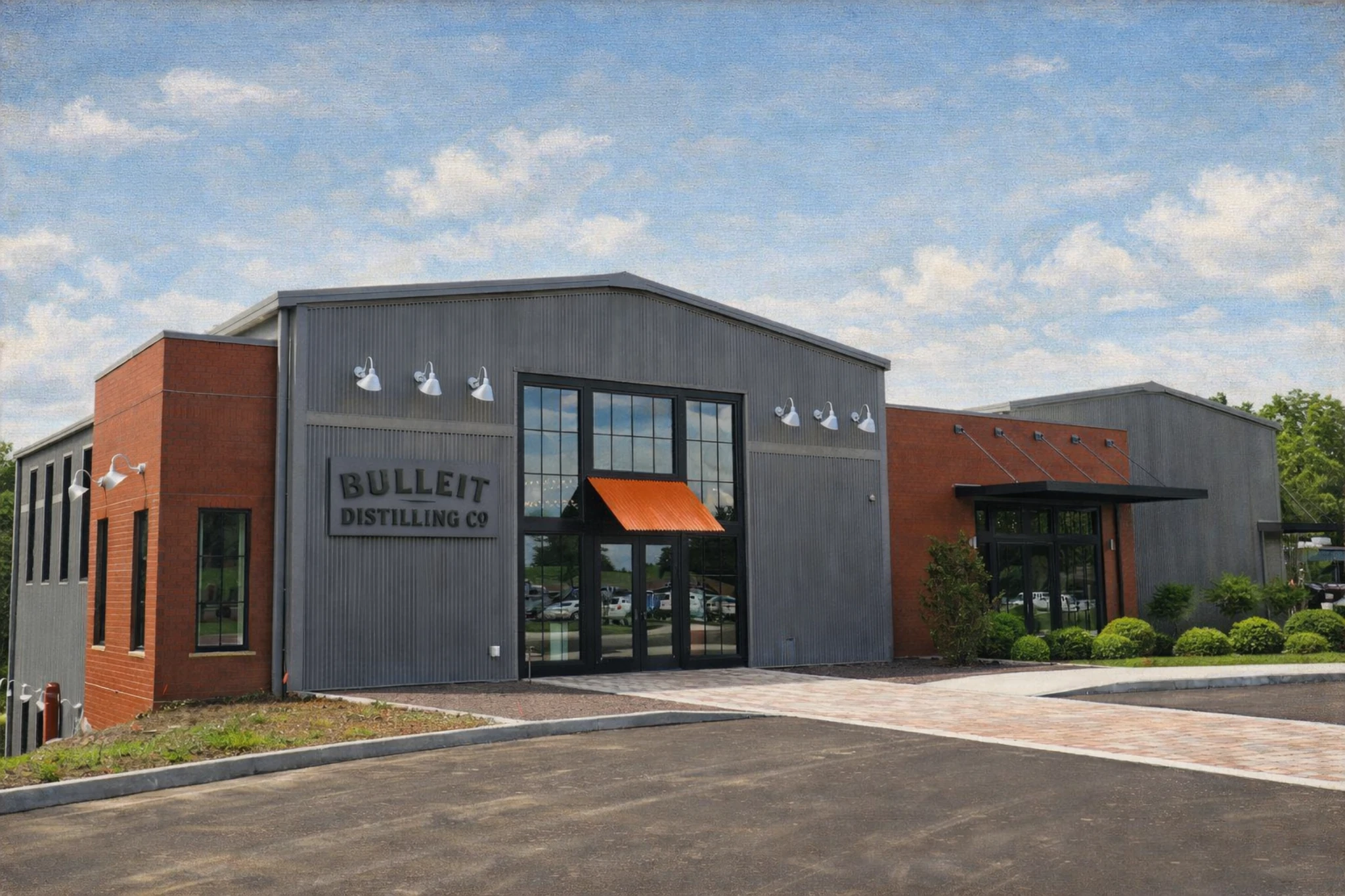 Exterior view of the Bulleit Distilling Co visitor center featuring a modern gray and brick building with large glass windows and an orange awning.