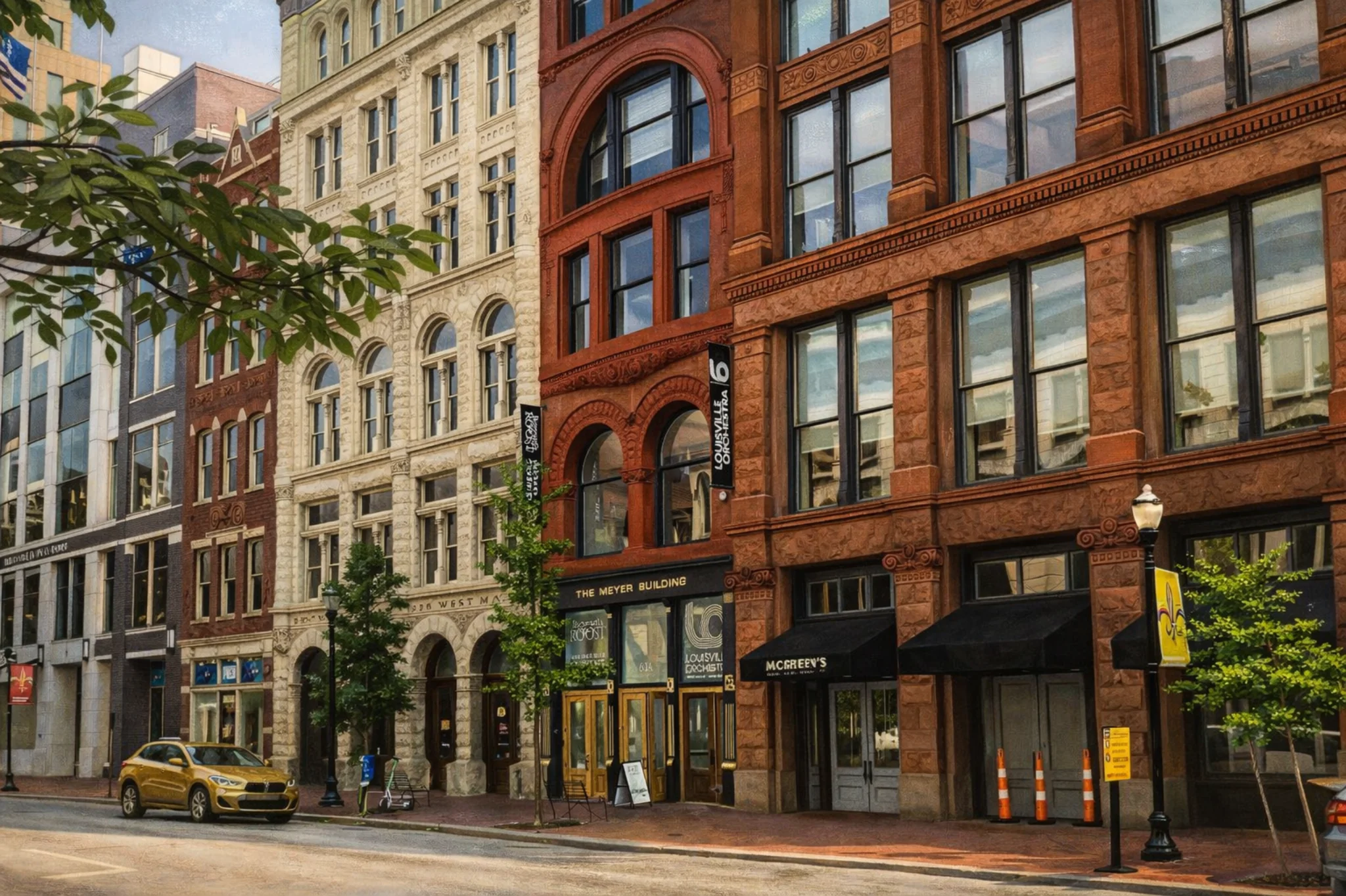 Buzzard’s Roost storefront along Whiskey Row with historic brick buildings and street-level entrance in downtown Louisville.