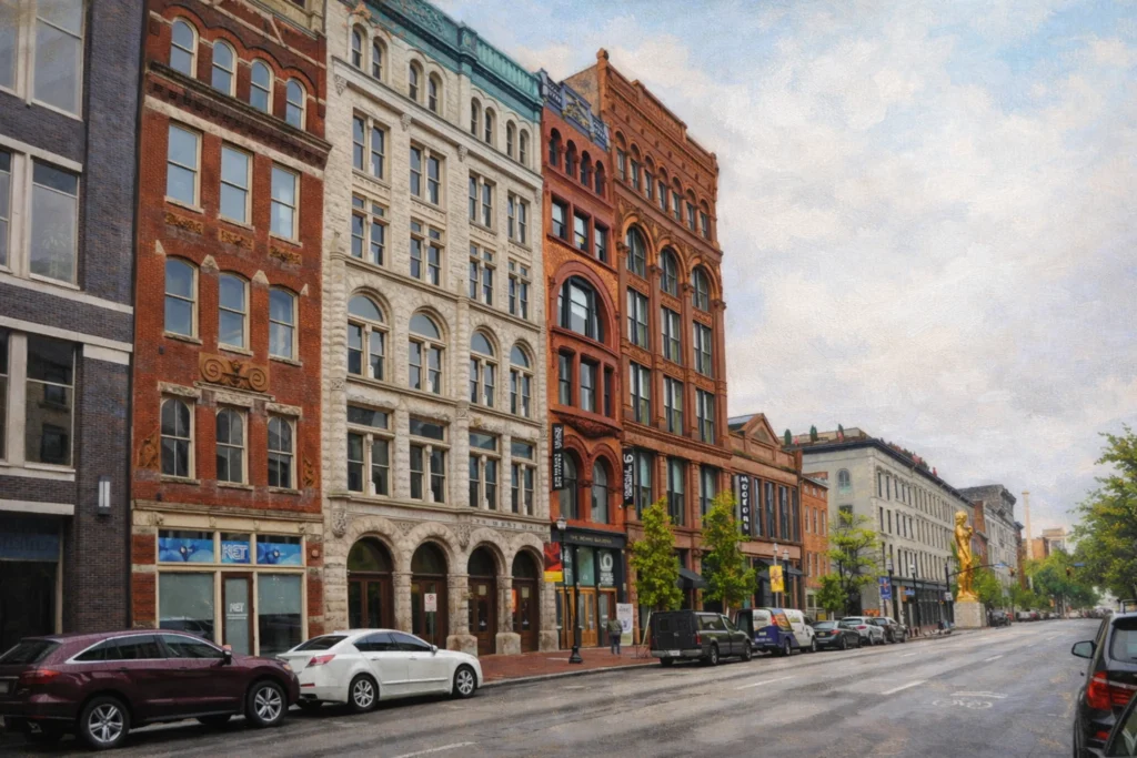 Historic Whiskey Row streetscape featuring Buzzard’s Roost among restored 19th-century brick buildings on Whiskey Row in downtown Louisville.