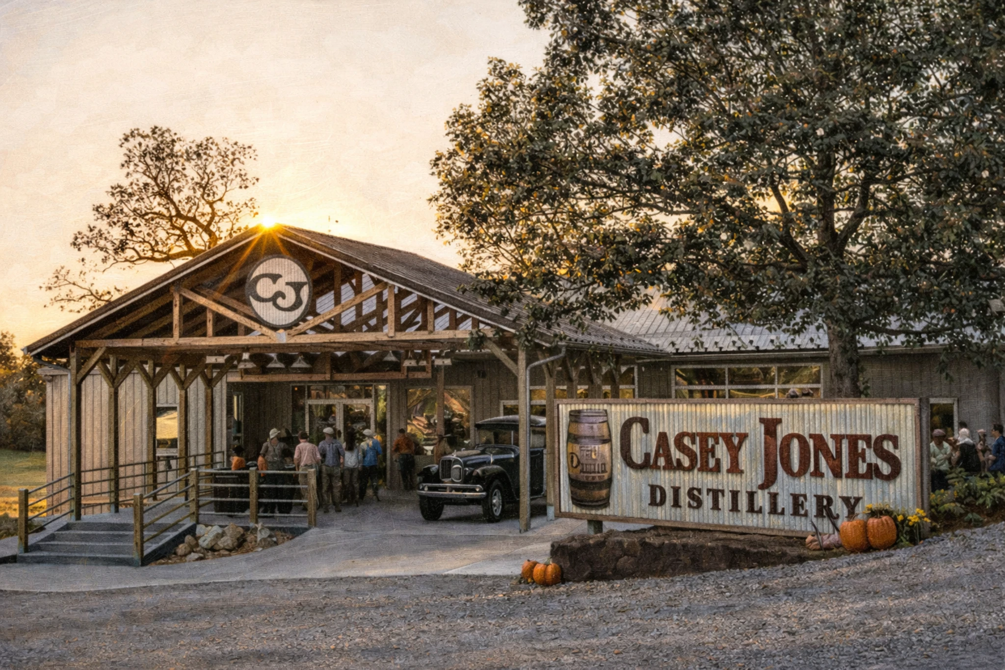 Visitors gathering outside the entrance of Casey Jones Distillery, featuring a rustic wooden pavilion, vintage truck, and distillery signage at sunset.