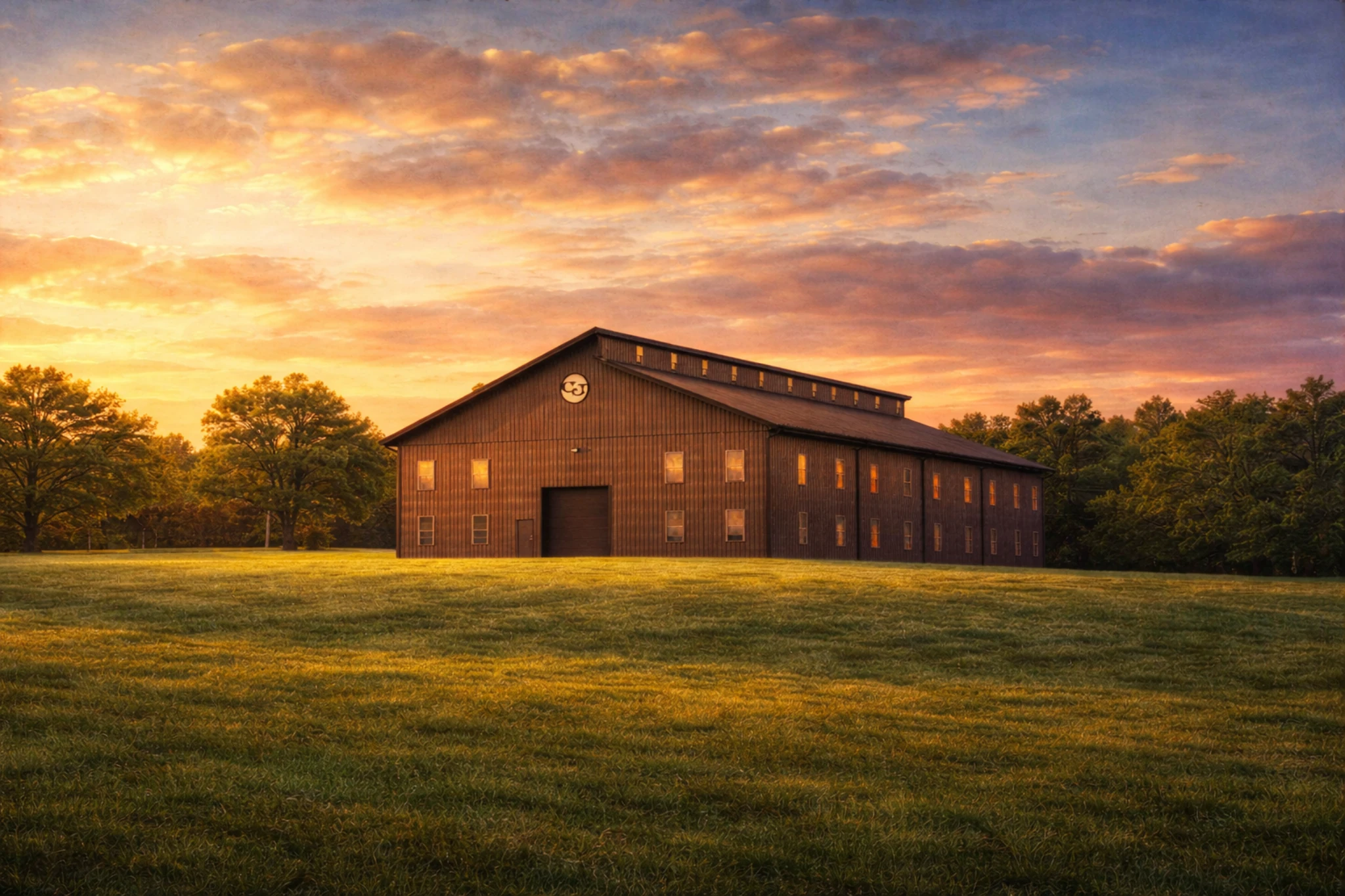 Casey Jones Distillery rickhouse set in an open field, captured at sunset with warm light illuminating the barn-style aging warehouse.