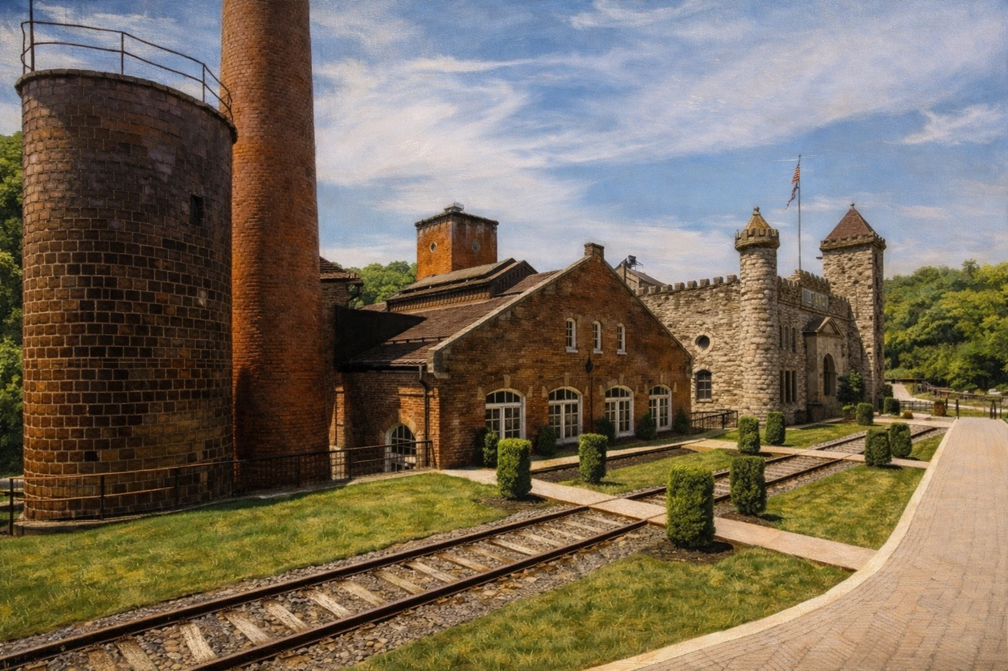 Historic rickhouses and stone buildings at Castle & Key Distillery with a preserved rail line running through the property.
