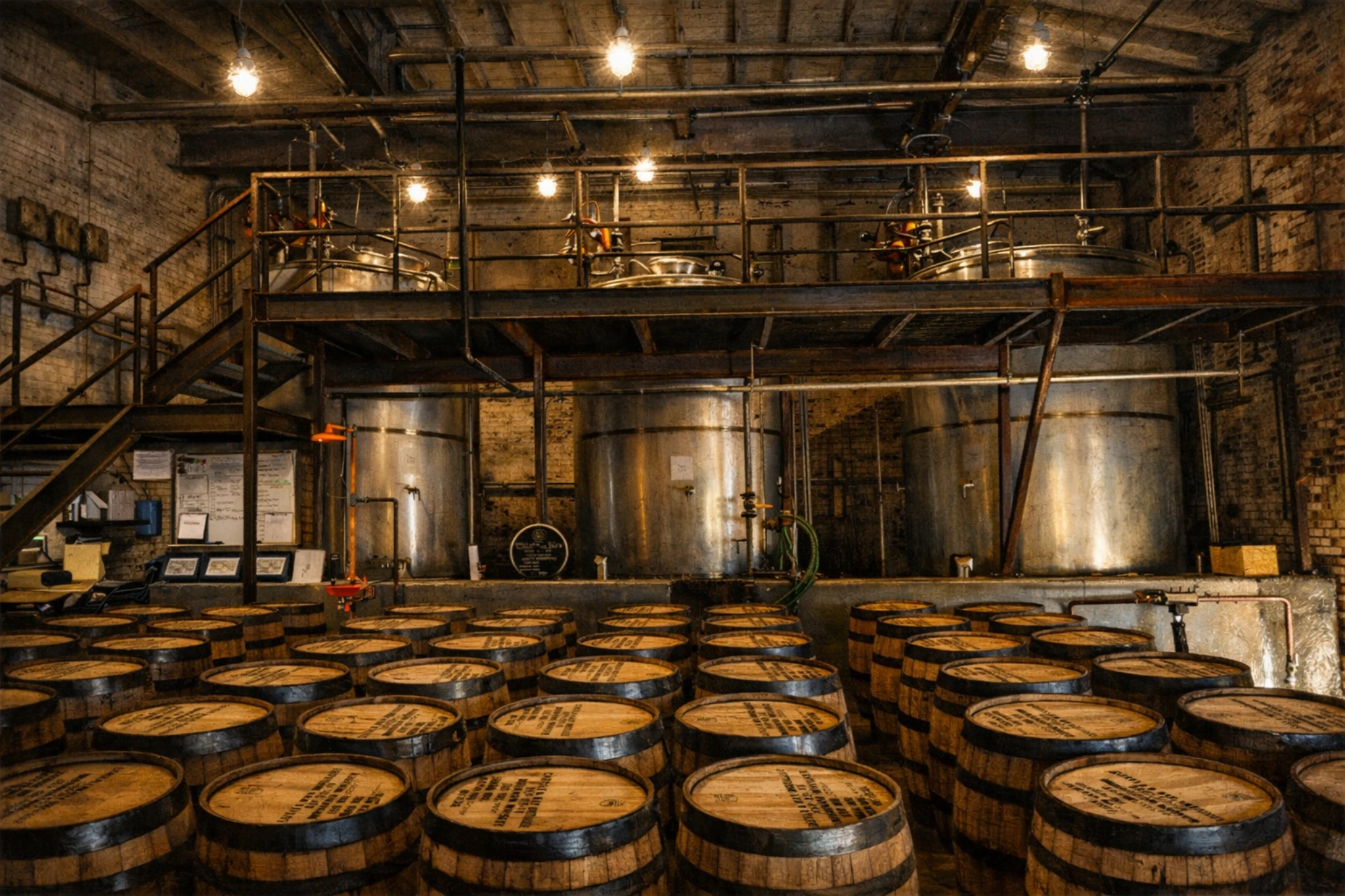 Interior fermentation and barrel storage room at Castle & Key Distillery with stainless steel tanks and rows of aging barrels.