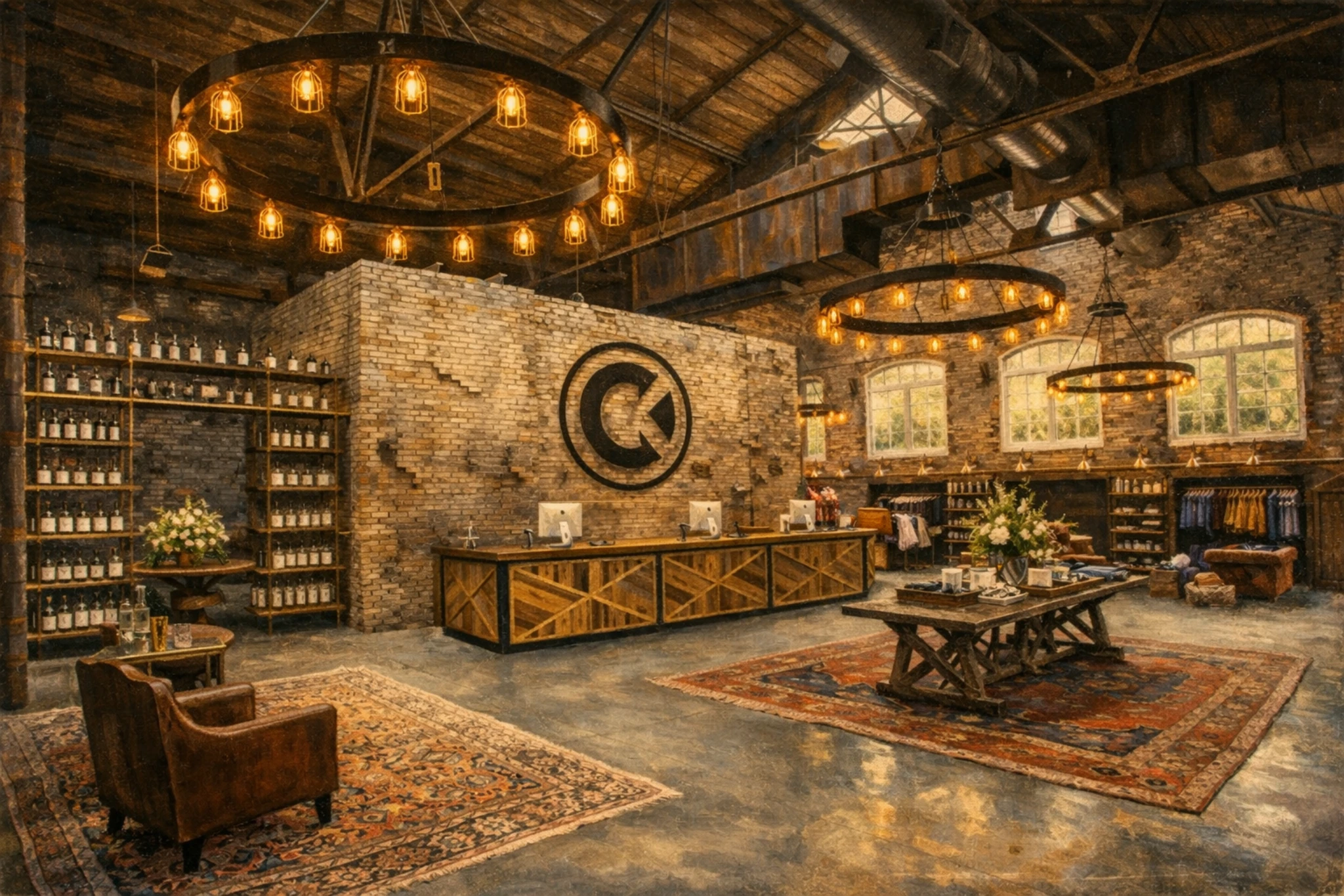 Castle & Key Distillery gift shop and tasting room featuring rustic brick walls, chandeliers, and bottle displays.