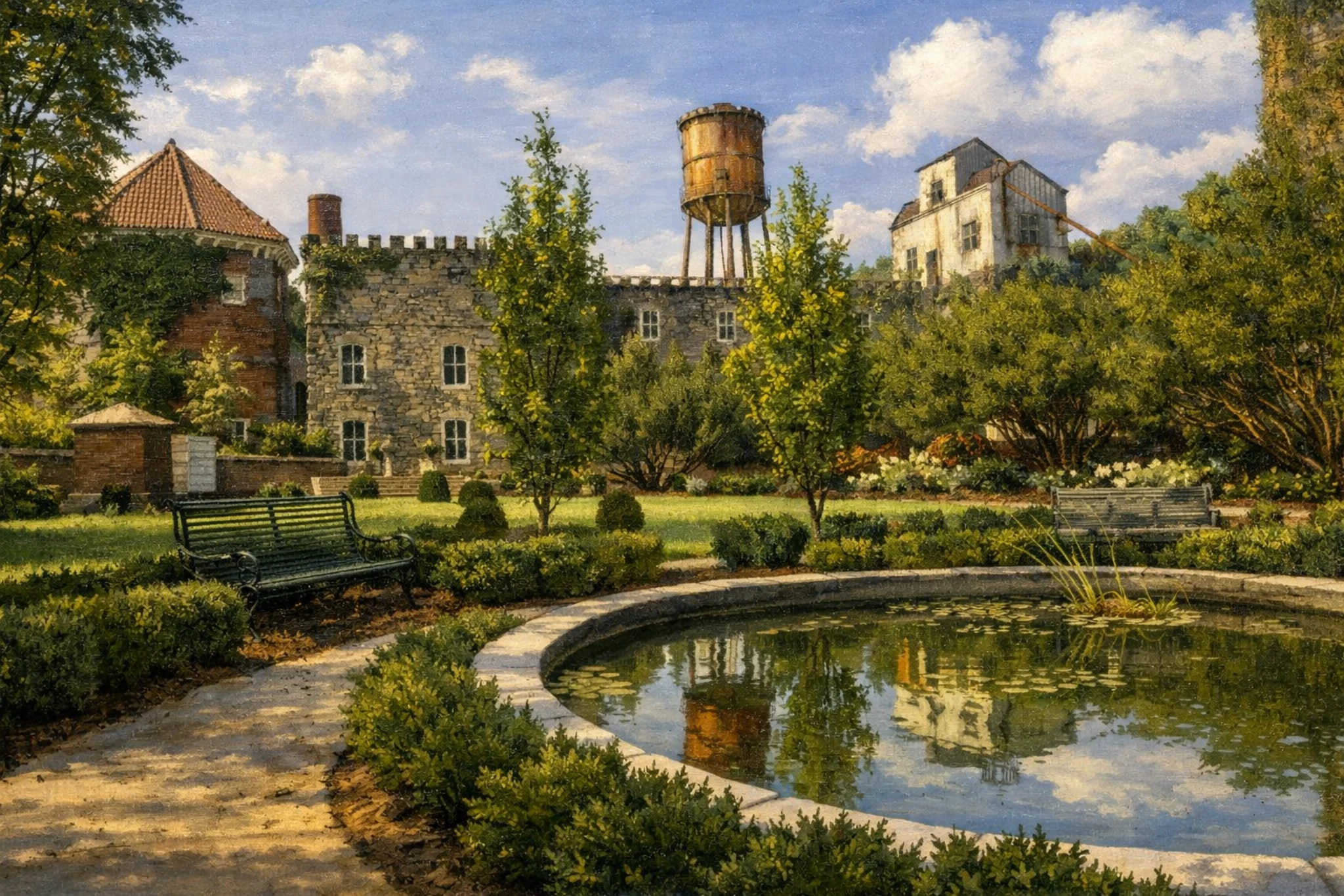 Landscaped gardens at Castle & Key Distillery with a circular water feature and historic stone buildings in the background.