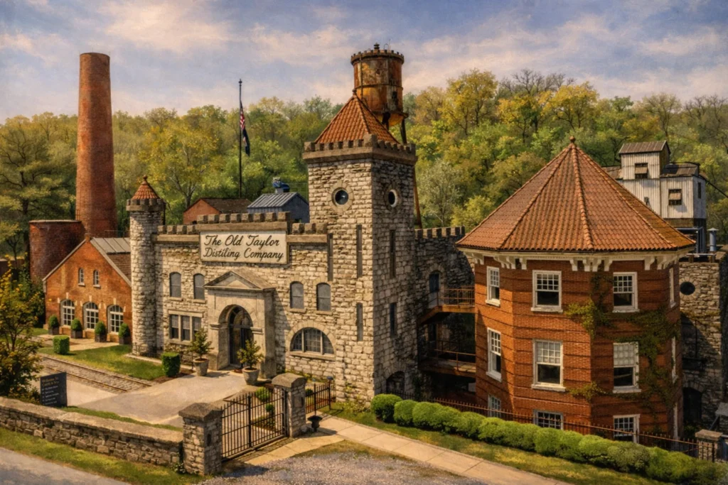 Exterior view of Castle & Key Distillery showing historic stone buildings, towers, and brick structures surrounded by trees.