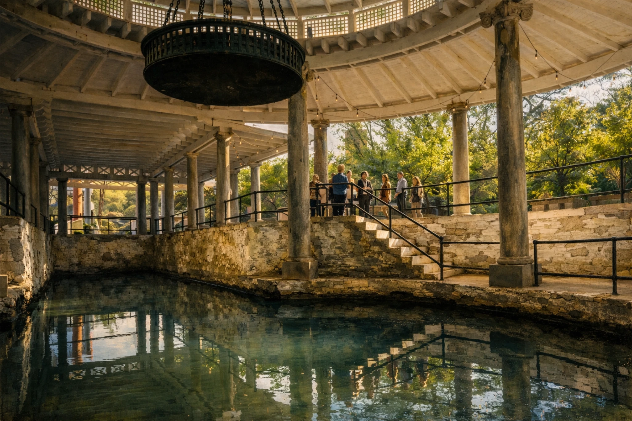 Stone springhouse at Castle & Key Distillery with columns, reflective water, and visitors walking along the interior walkway.