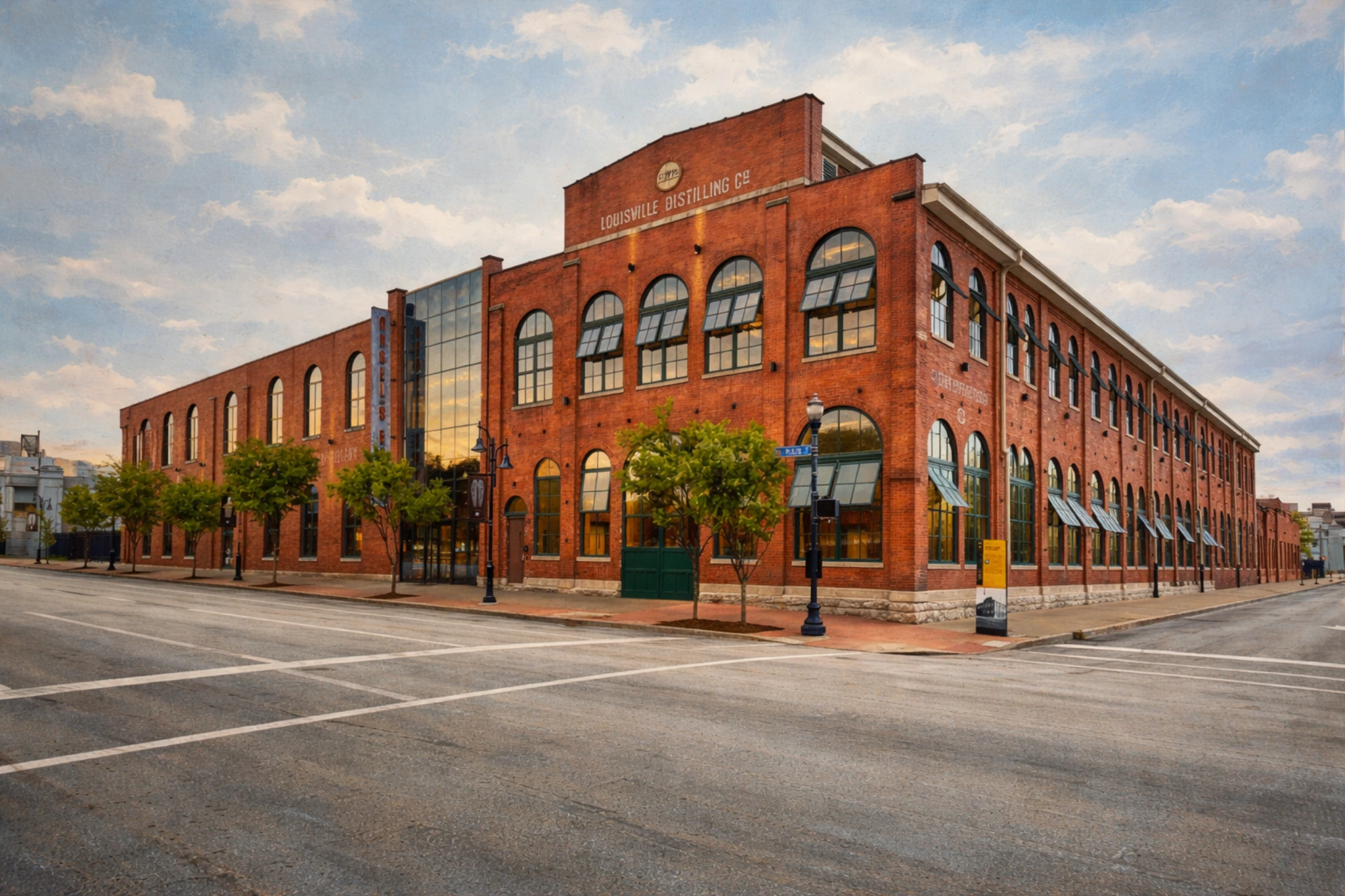 Exterior view of the Angel’s Envy Distillery in Louisville, showing its historic red-brick building, arched windows, and street-corner location under a blue sky.