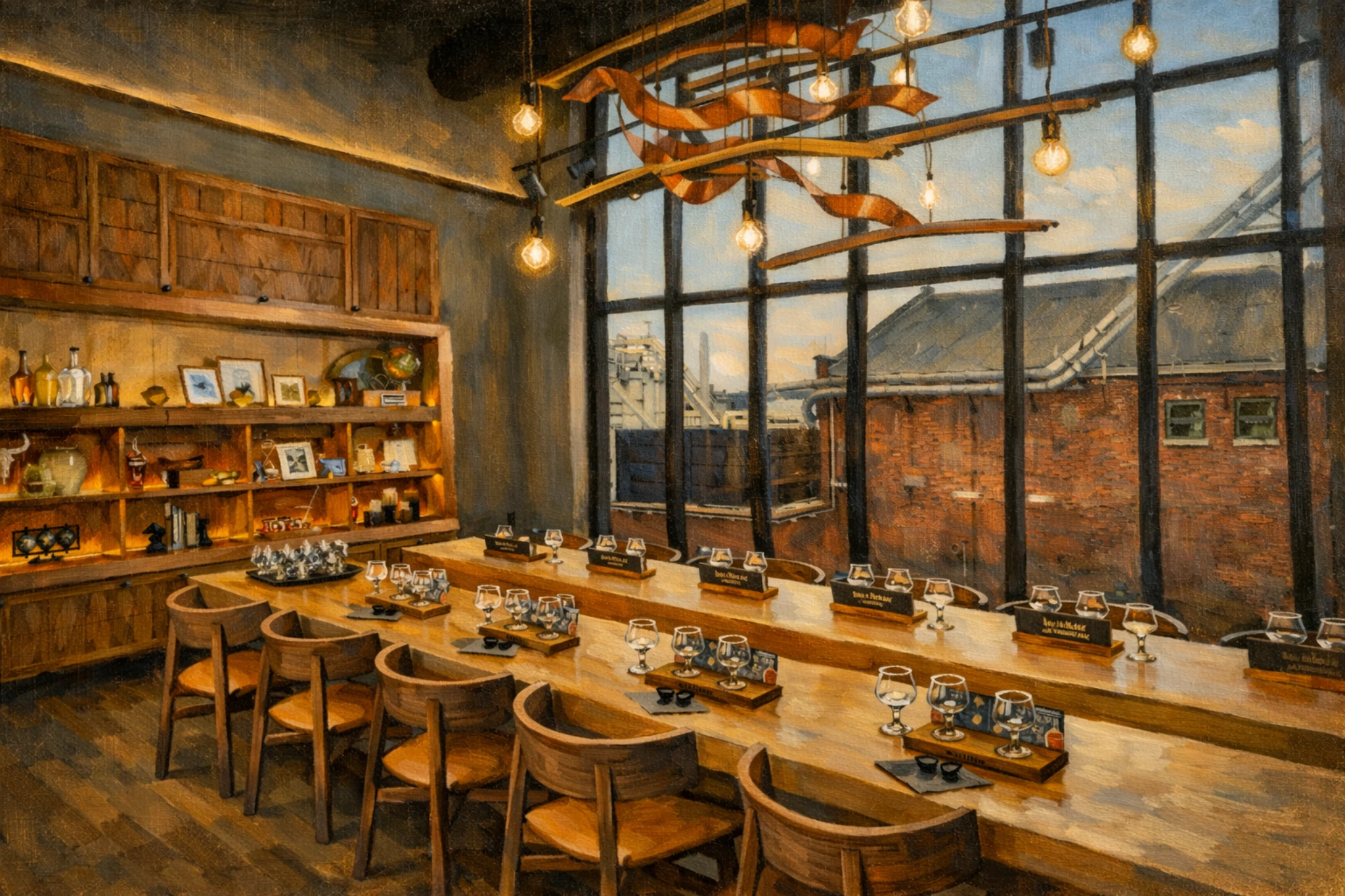 A modern Angel’s Envy Distillery tasting room with long wooden tables, tasting glasses, and bottles arranged beneath sculptural hanging lights, with large factory-style windows overlooking the historic brick building.