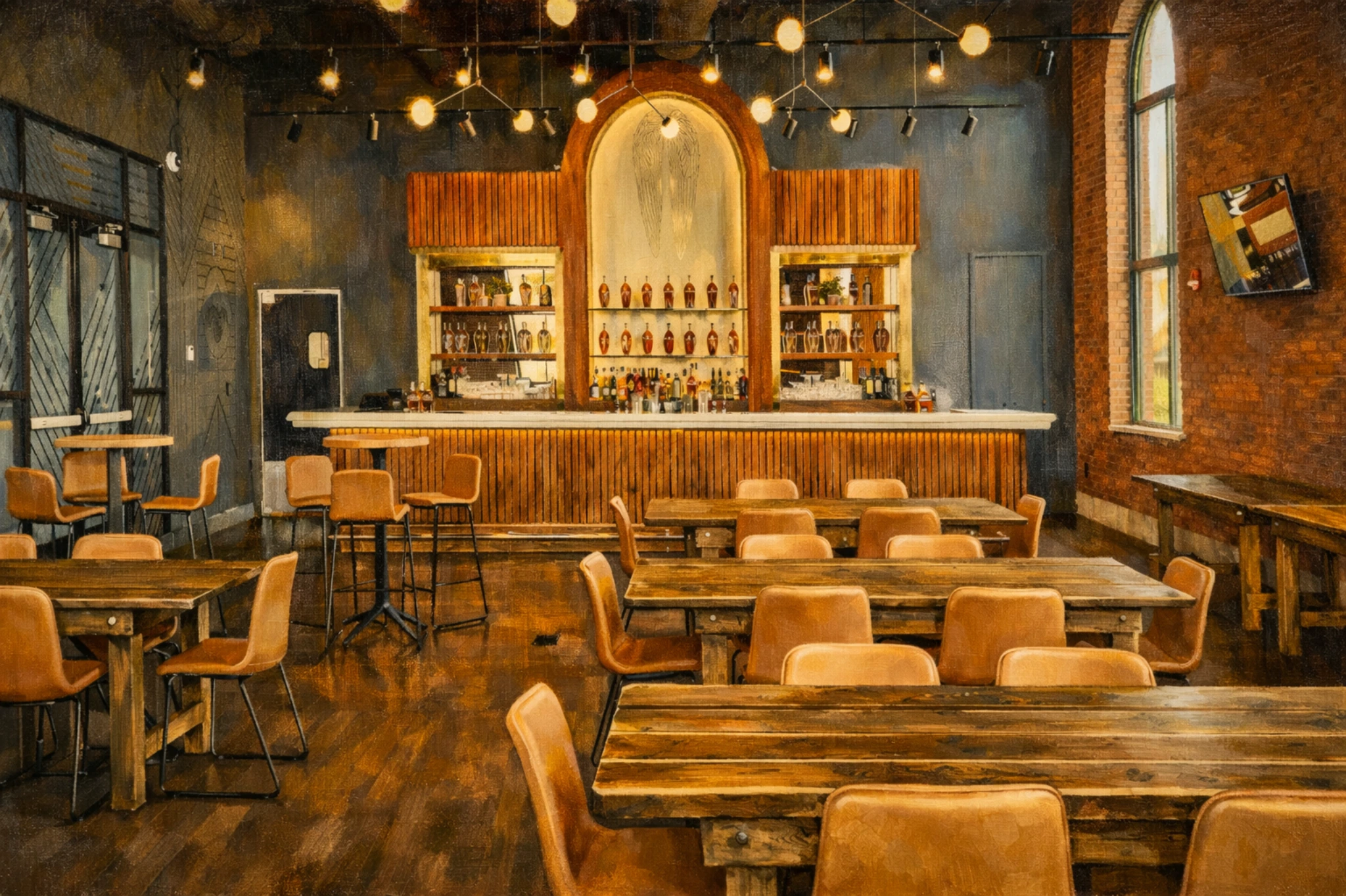 A contemporary bar and event space inside Angel’s Envy Distillery featuring a wood-slatted bar, leather seating, warm lighting, and decorative angel wing artwork.