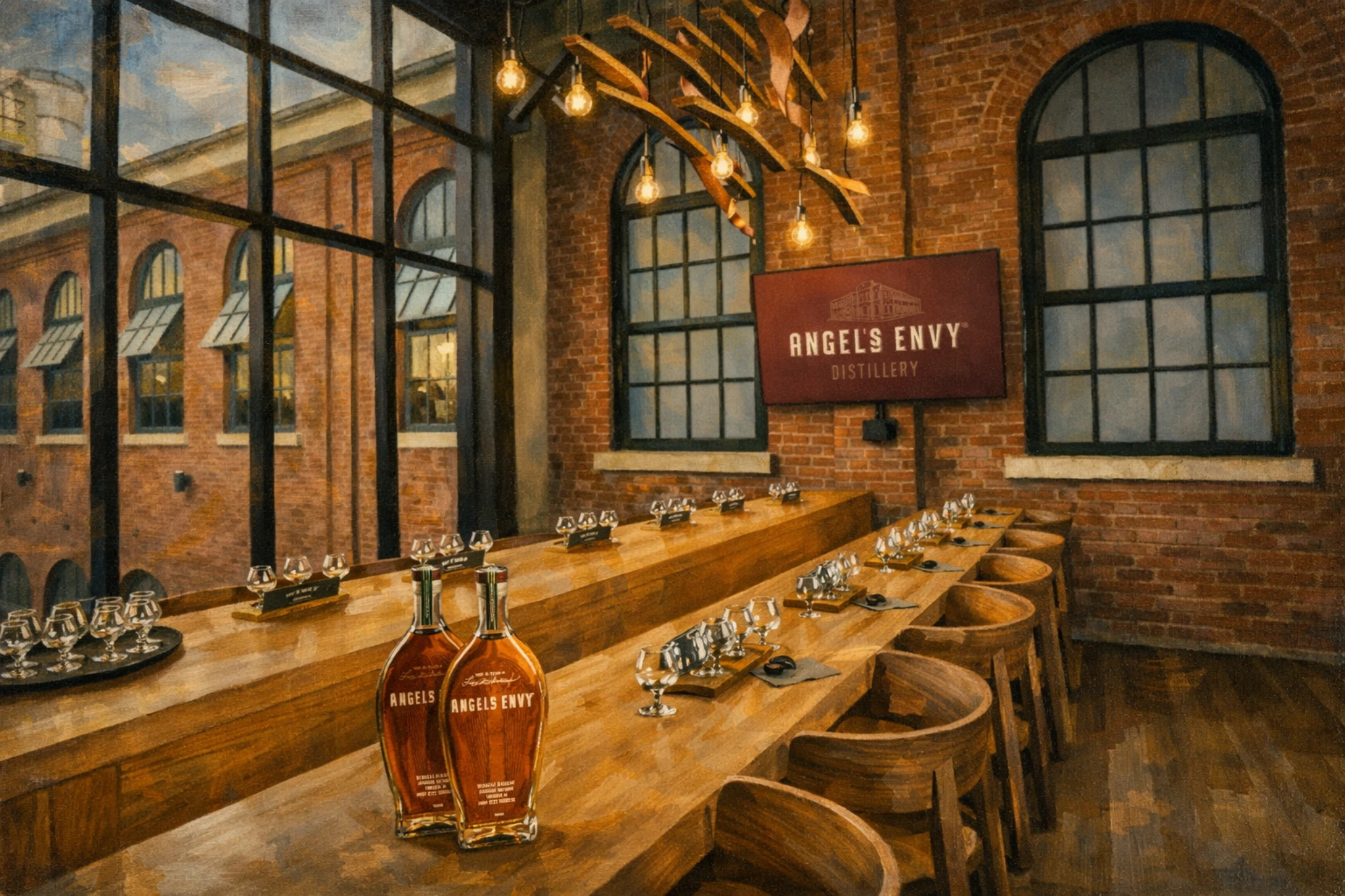 A modern Angel’s Envy Distillery tasting room with long wooden tables, tasting glasses, and bottles arranged beneath sculptural hanging lights, with large factory-style windows overlooking the historic brick building.