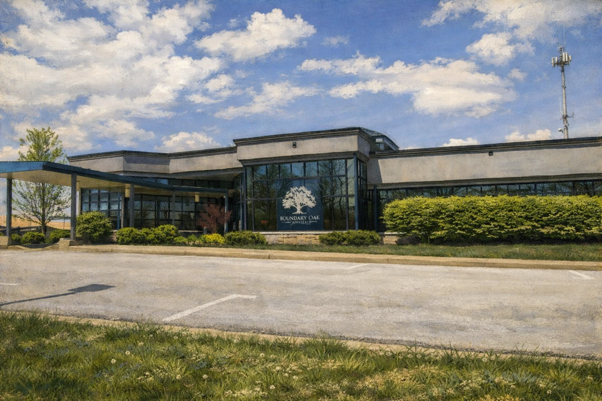 Exterior view of Boundary Oak Distillery featuring a modern glass-front building with the Boundary Oak logo, landscaped shrubs, and a clear blue sky overhead.
