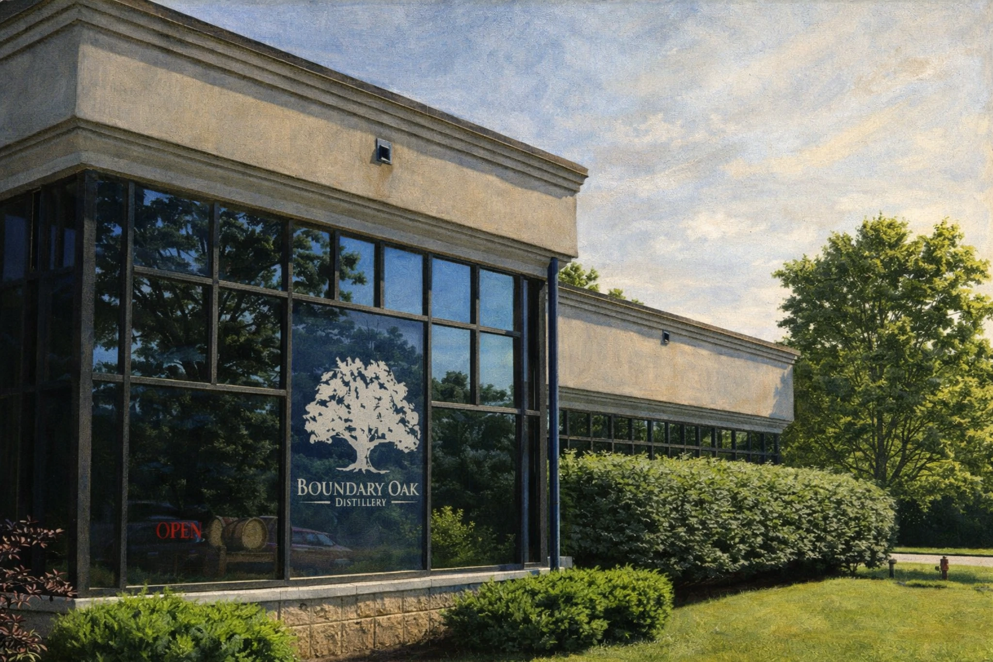 Exterior of Boundary Oak Distillery featuring modern glass windows, the Boundary Oak Distillery logo, and landscaped greenery on a sunny day.