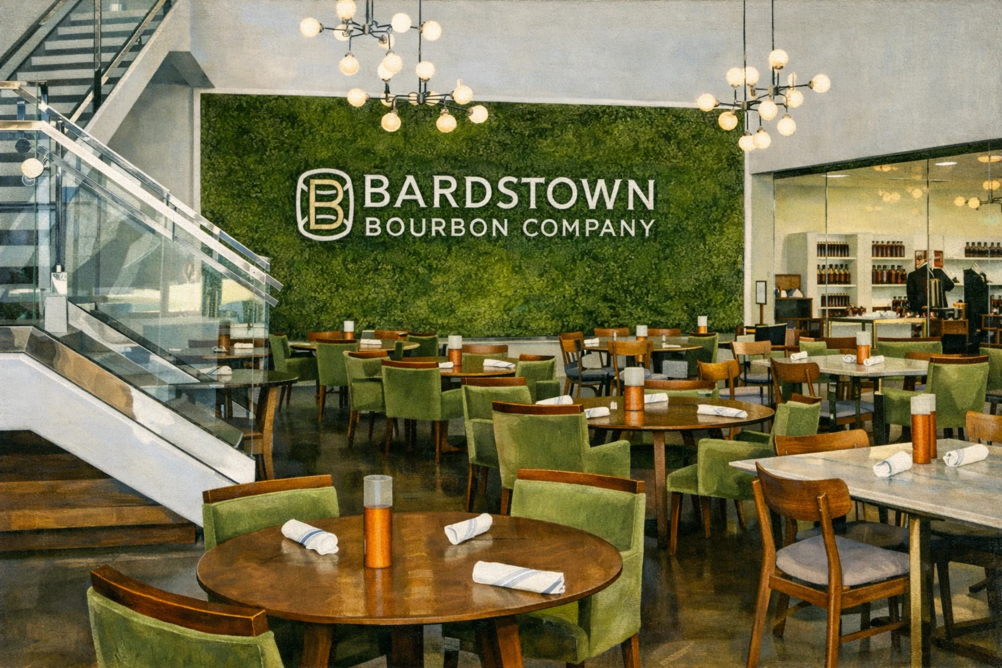 Kitchen & Bar dining area at Bardstown Bourbon Company featuring round wood tables, green upholstered chairs, modern chandeliers, and a living green wall with the distillery logo.
